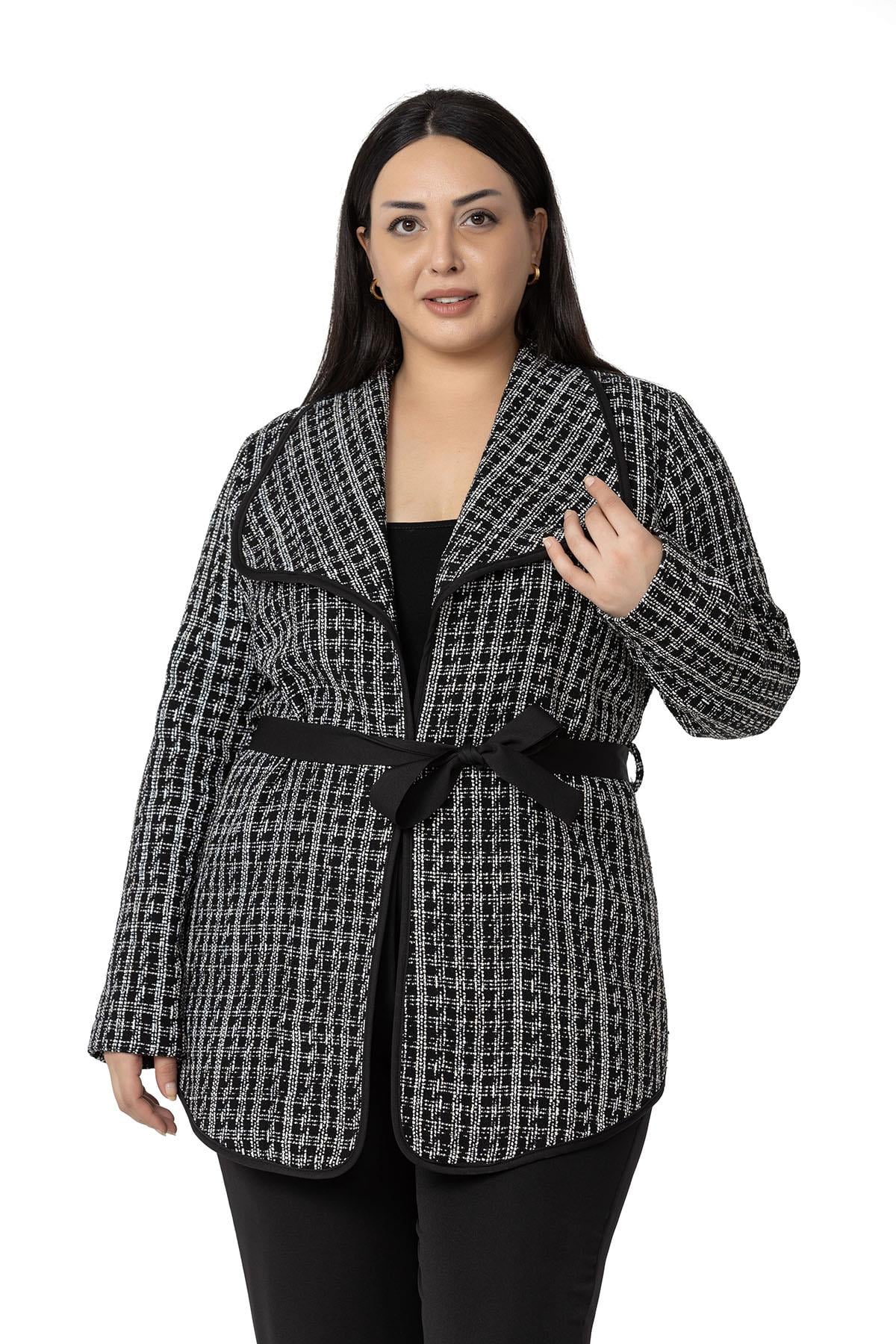Plus Size Shawl Collar Piping Detailed Belted Unlined Black and White Jacket