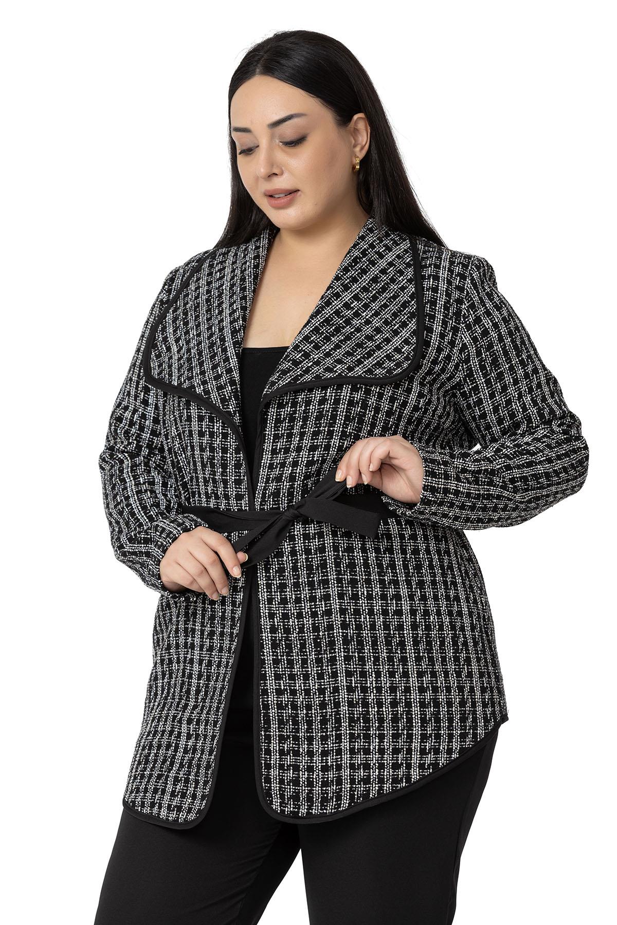 Plus Size Shawl Collar Piping Detailed Belted Unlined Black and White Jacket