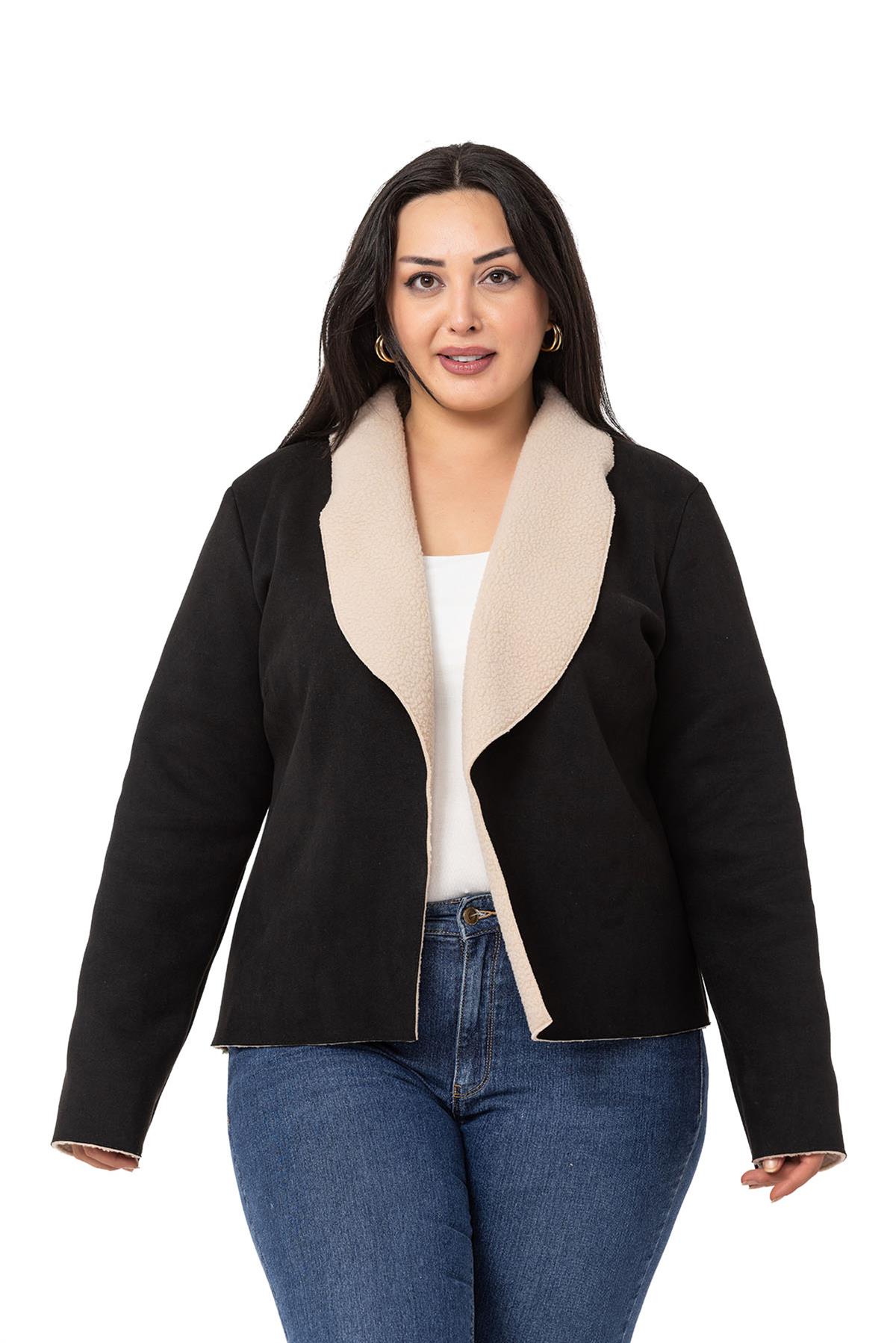 Plus Size Shawl Collar Inside Fur Short Suede Black Jacket