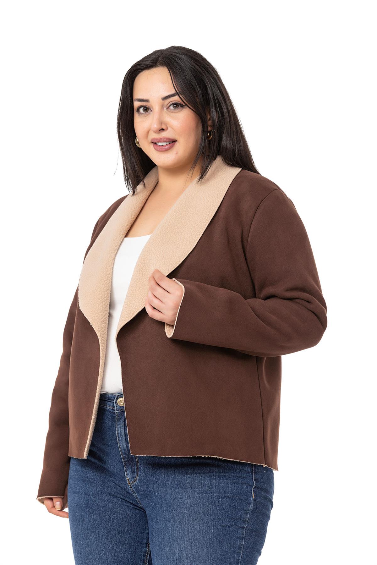 Plus Size Shawl Collar Inside Fur Short Suede Brown Jacket