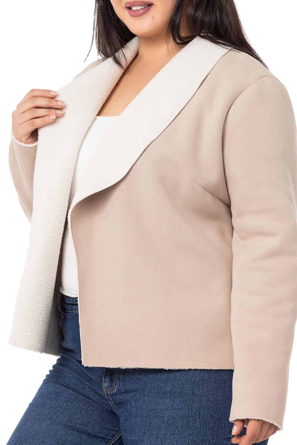 Plus Size Shawl Collar Inside Fur Short Suede Beige Jacket