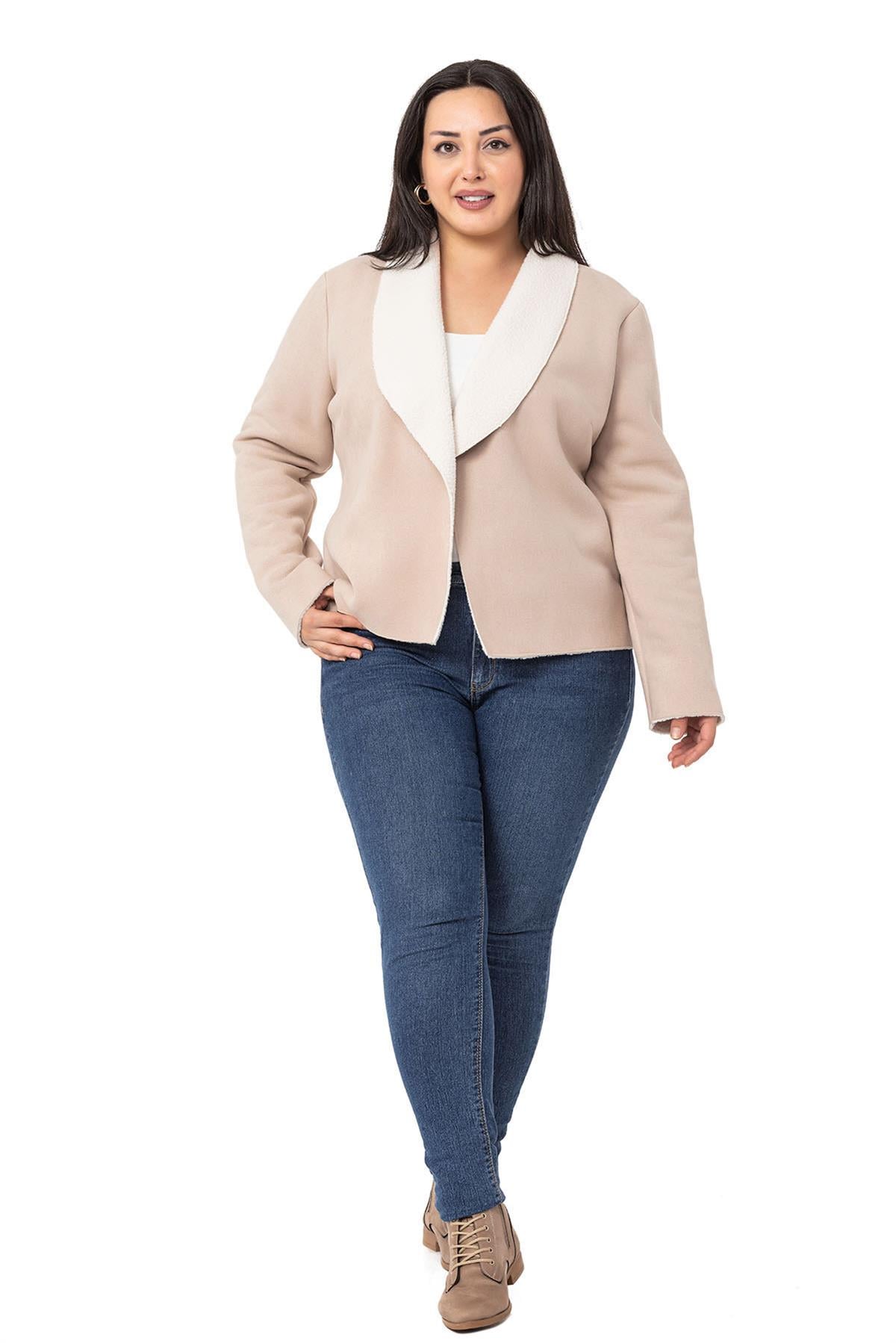 Plus Size Shawl Collar Inside Fur Short Suede Beige Jacket