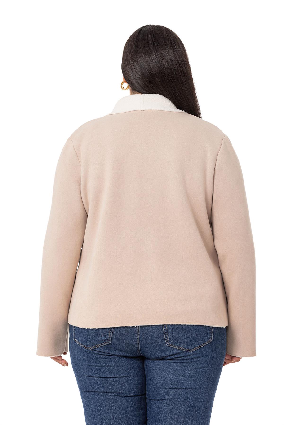 Plus Size Shawl Collar Inside Fur Short Suede Beige Jacket