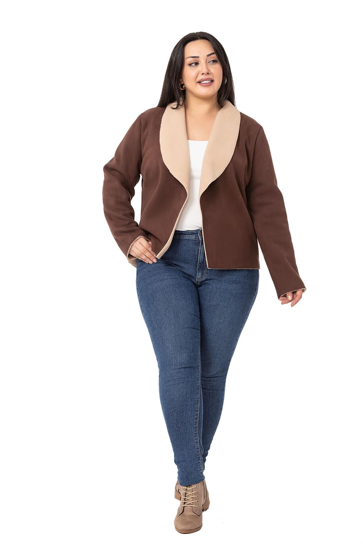 Plus Size Shawl Collar Inside Fur Short Suede Brown Jacket