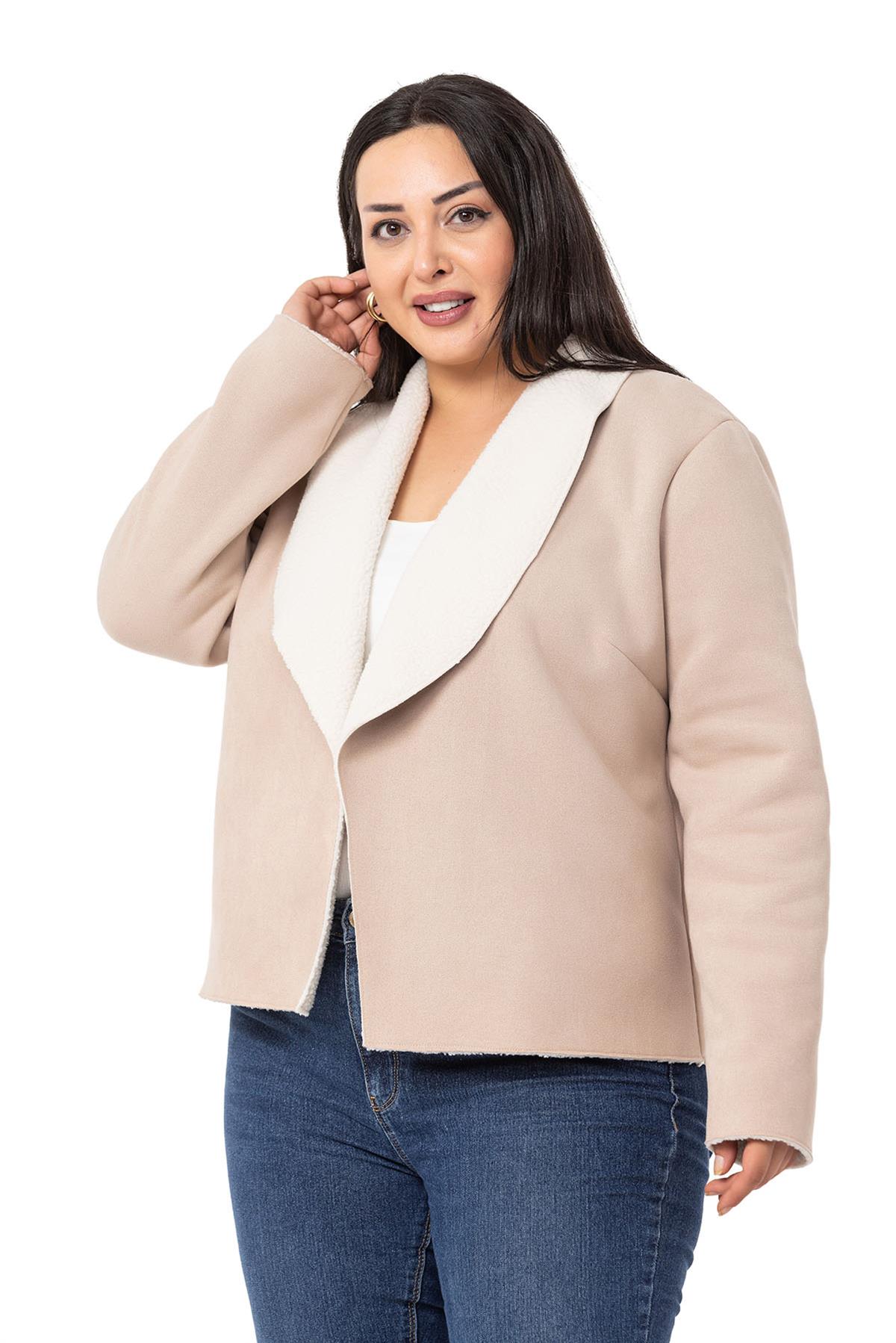Plus Size Shawl Collar Inside Fur Short Suede Beige Jacket
