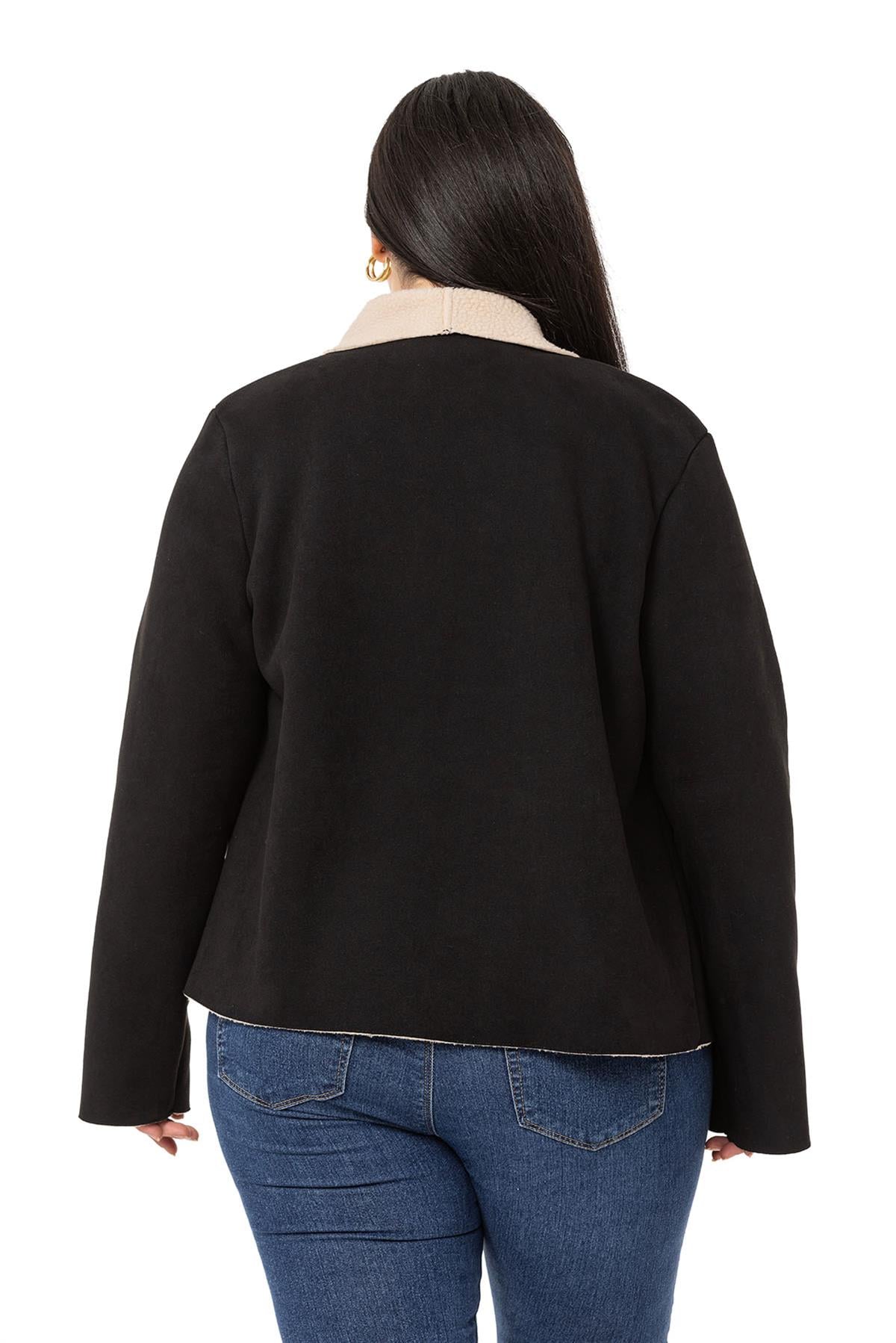Plus Size Shawl Collar Inside Fur Short Suede Black Jacket