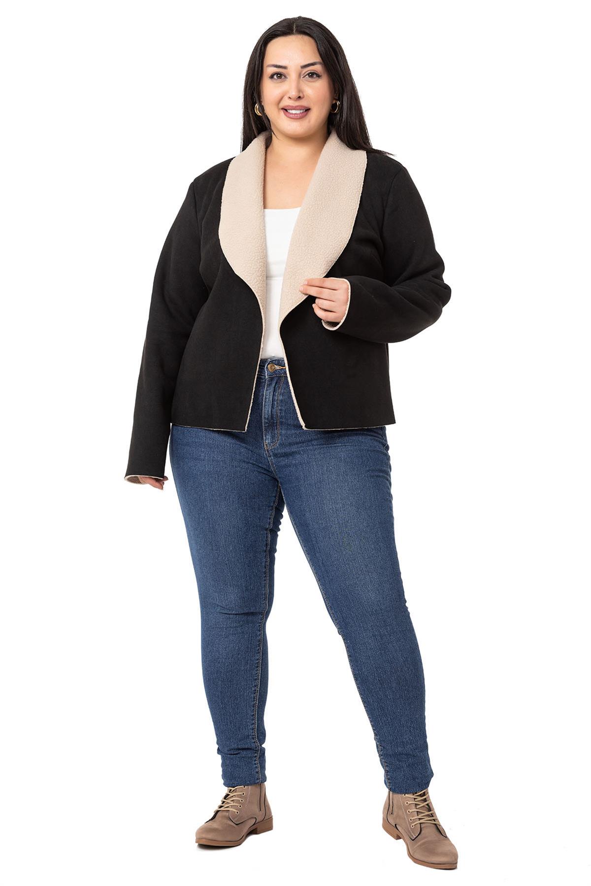 Plus Size Shawl Collar Inside Fur Short Suede Black Jacket