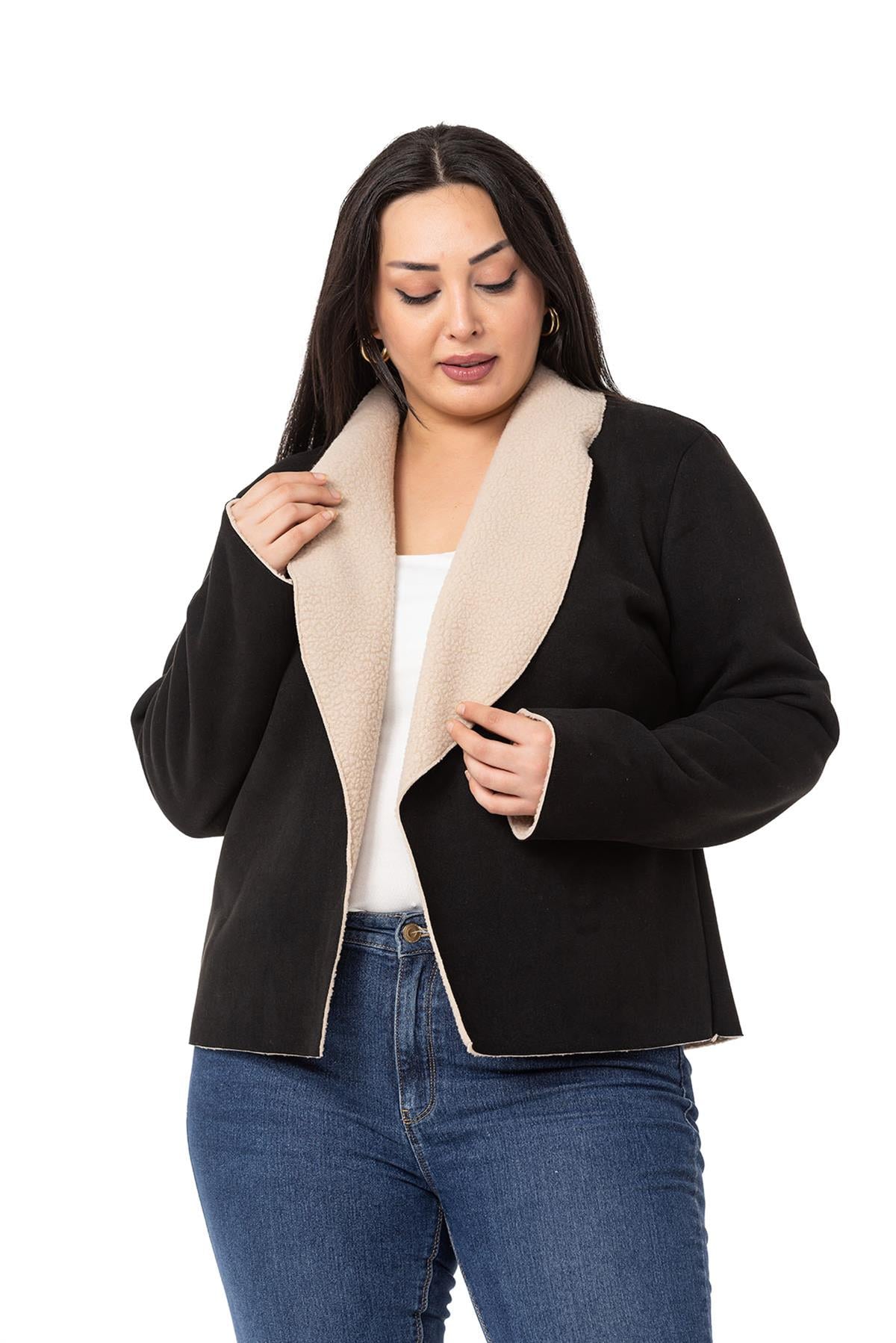 Plus Size Shawl Collar Inside Fur Short Suede Black Jacket
