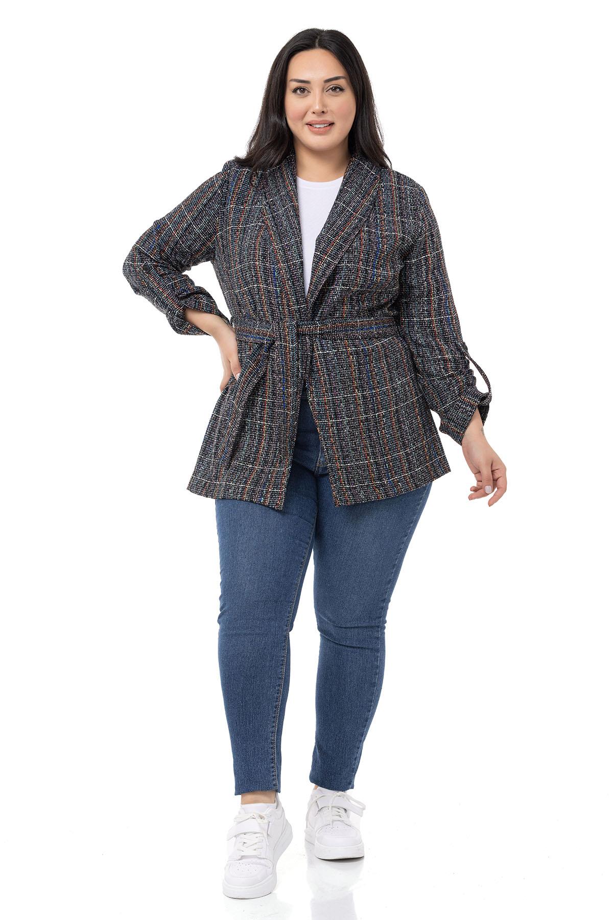 Plus Size Shawl Collar Fold Sleeves Belted Black Jacket