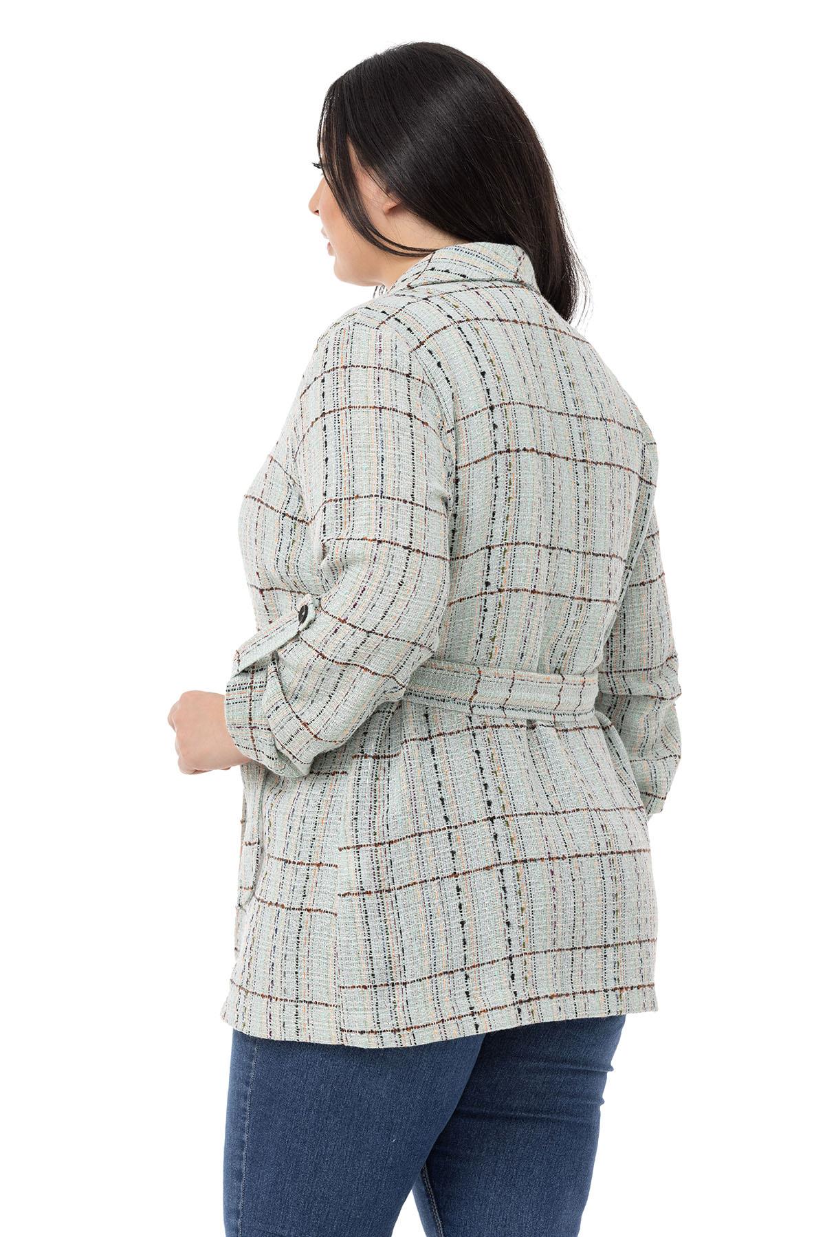 Plus Size Shawl Collar Fold Sleeves Belted Water Green Jacket