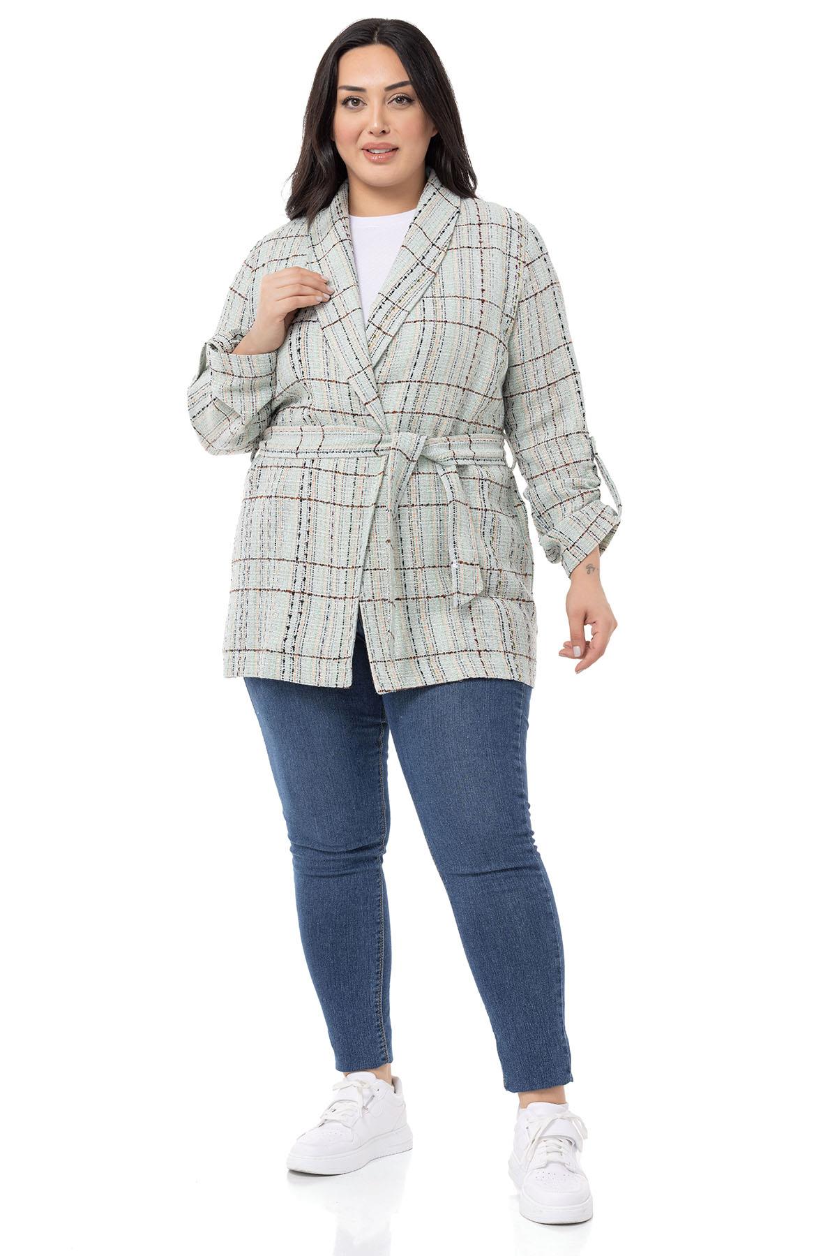 Plus Size Shawl Collar Fold Sleeves Belted Water Green Jacket