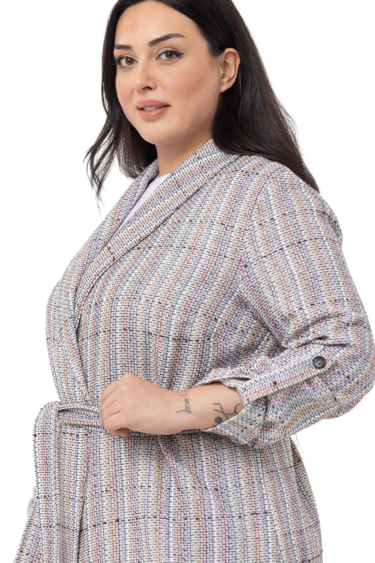 Plus Size Shawl Collar Fold Sleeves Belted Ecru Lilac Jacket