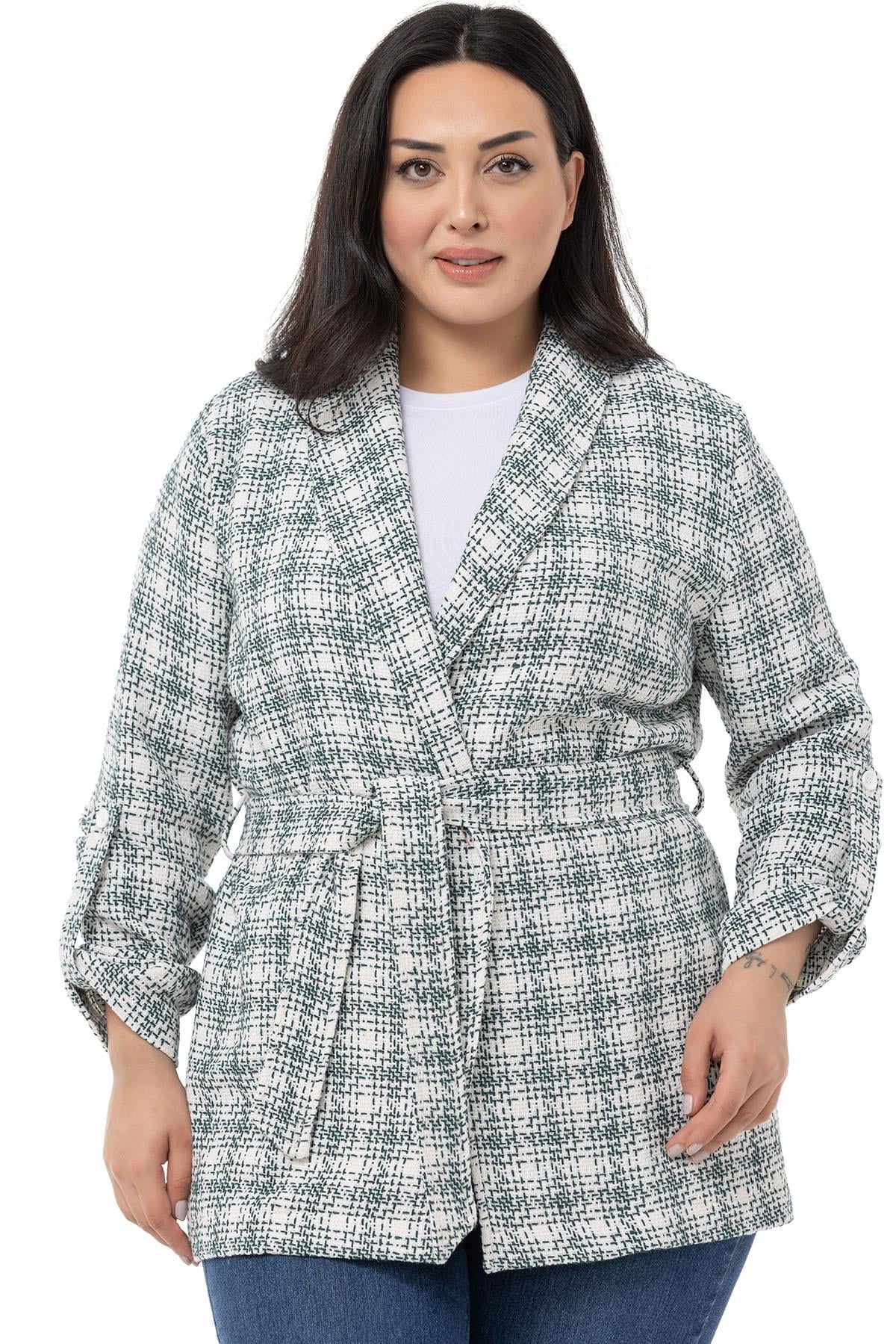 Plus Size Shawl Collar Fold Sleeves Belted Khaki Jacket