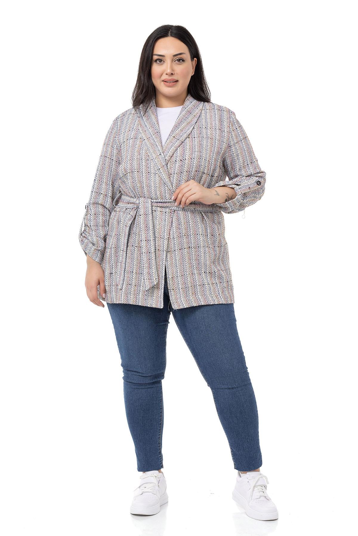 Plus Size Shawl Collar Fold Sleeves Belted Ecru Lilac Jacket