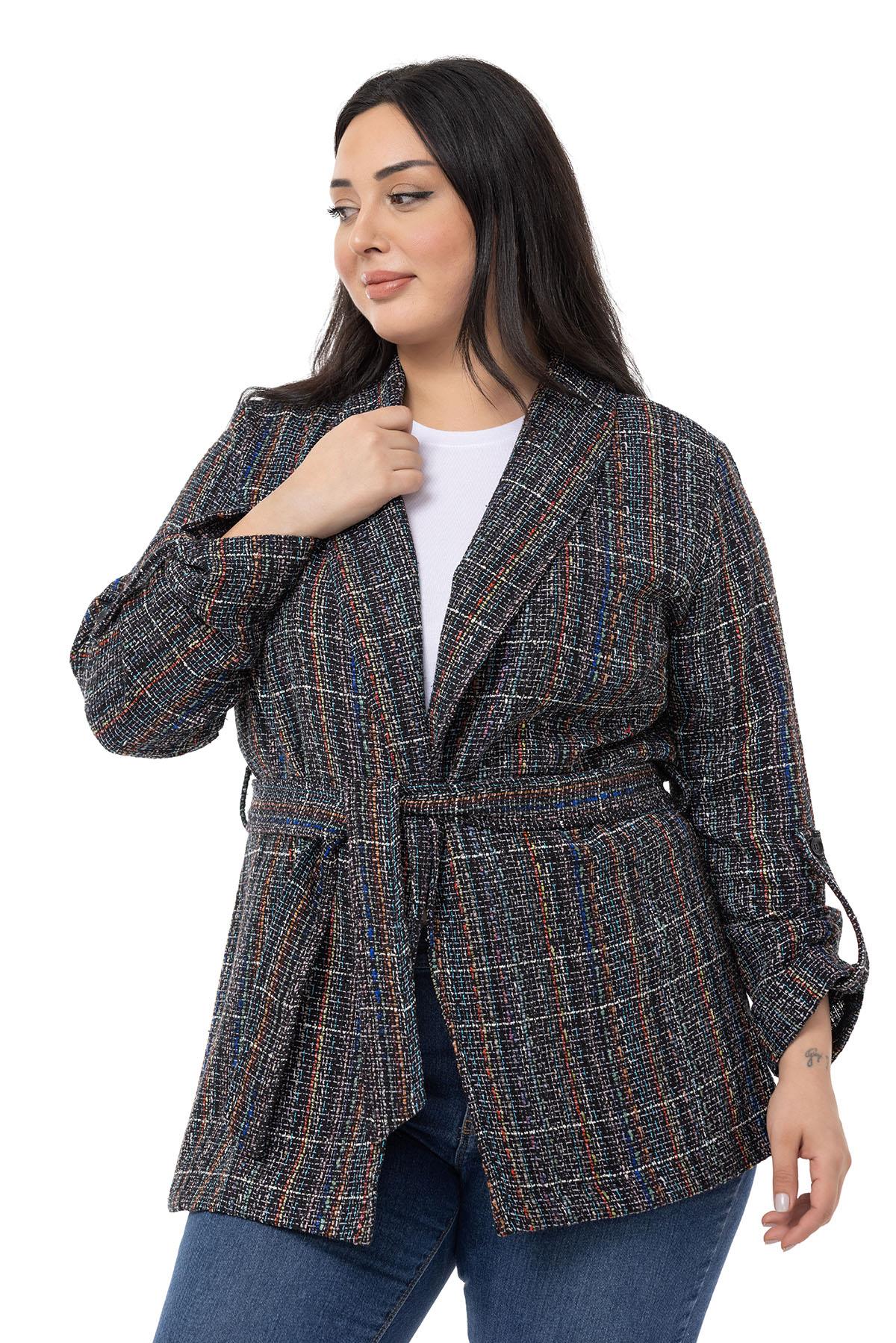Plus Size Shawl Collar Fold Sleeves Belted Black Jacket