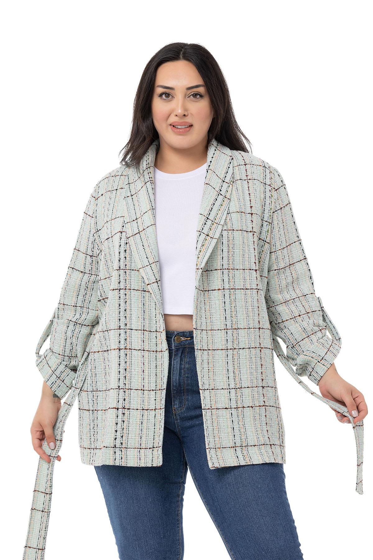 Plus Size Shawl Collar Fold Sleeves Belted Water Green Jacket