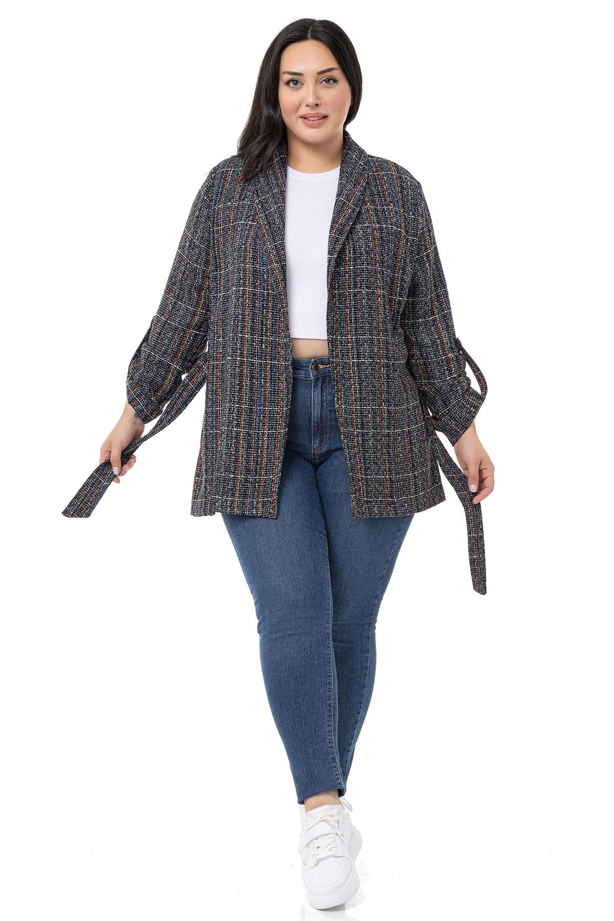 Plus Size Shawl Collar Fold Sleeves Belted Black Jacket