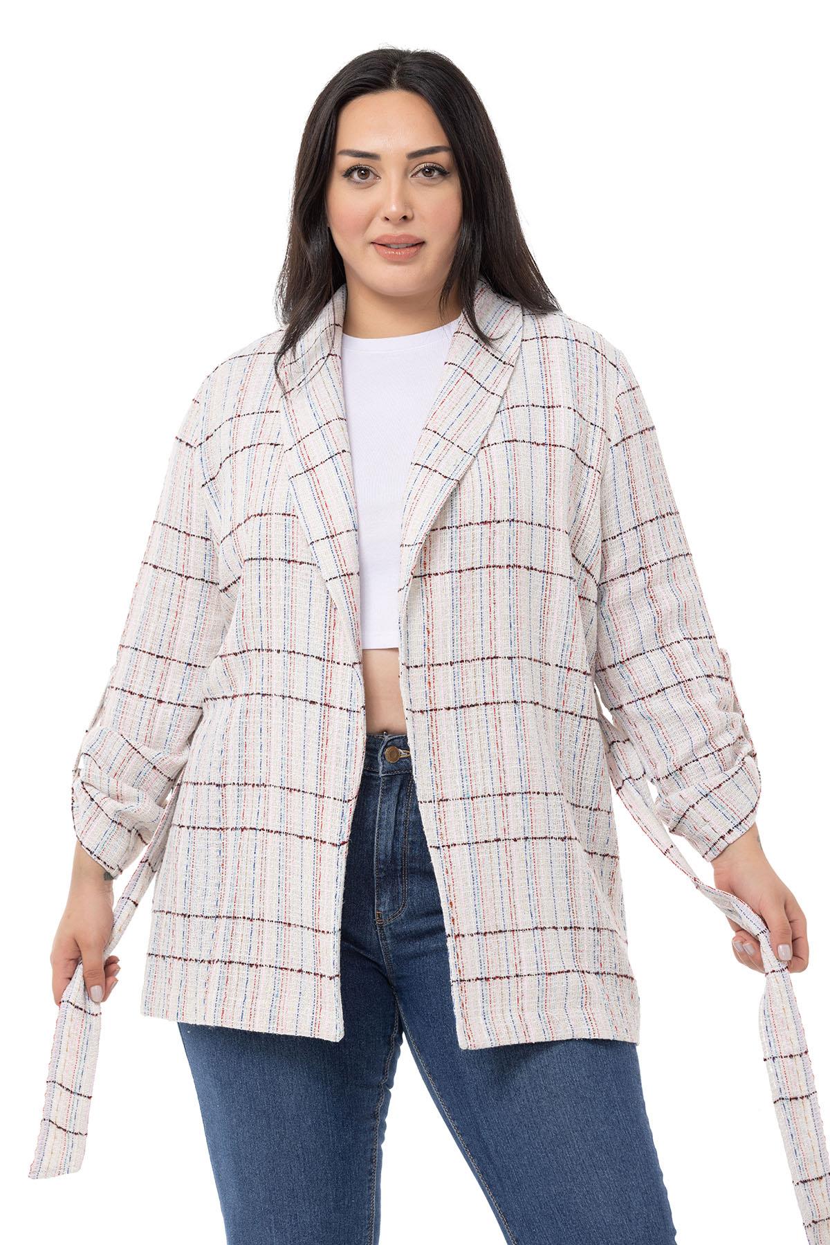 Plus Size Shawl Collar Fold Sleeves Belted Ecru Pink Jacket