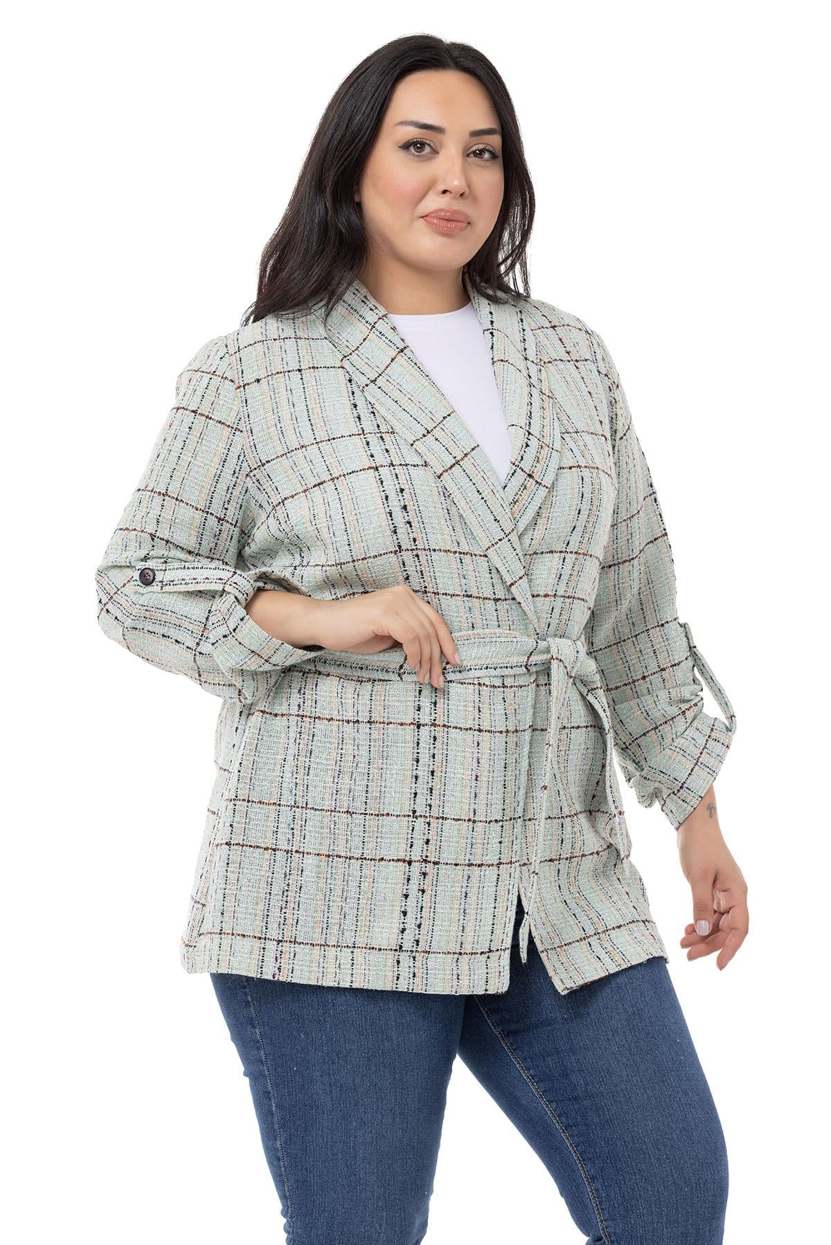 Plus Size Shawl Collar Fold Sleeves Belted Water Green Jacket