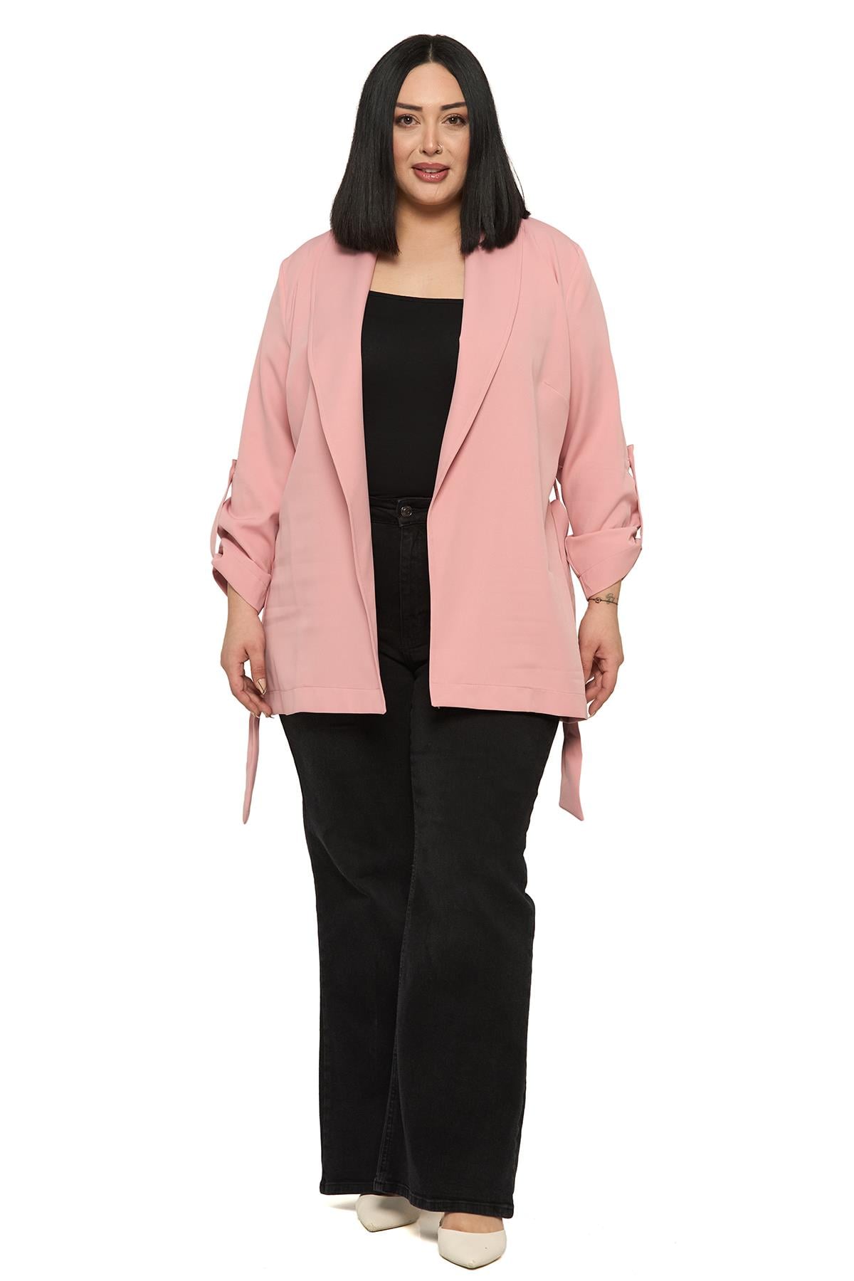 Plus Size Shawl Collar Self Belted Folded Sleeve Light Pink Jacket