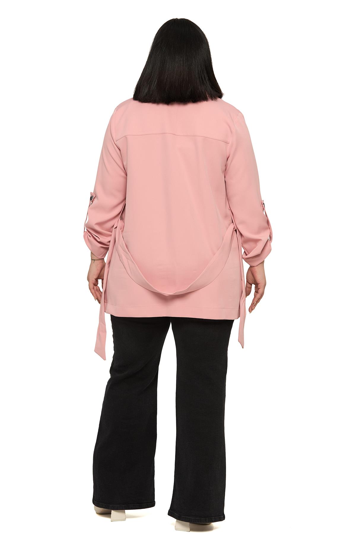 Plus Size Shawl Collar Self Belted Folded Sleeve Light Pink Jacket