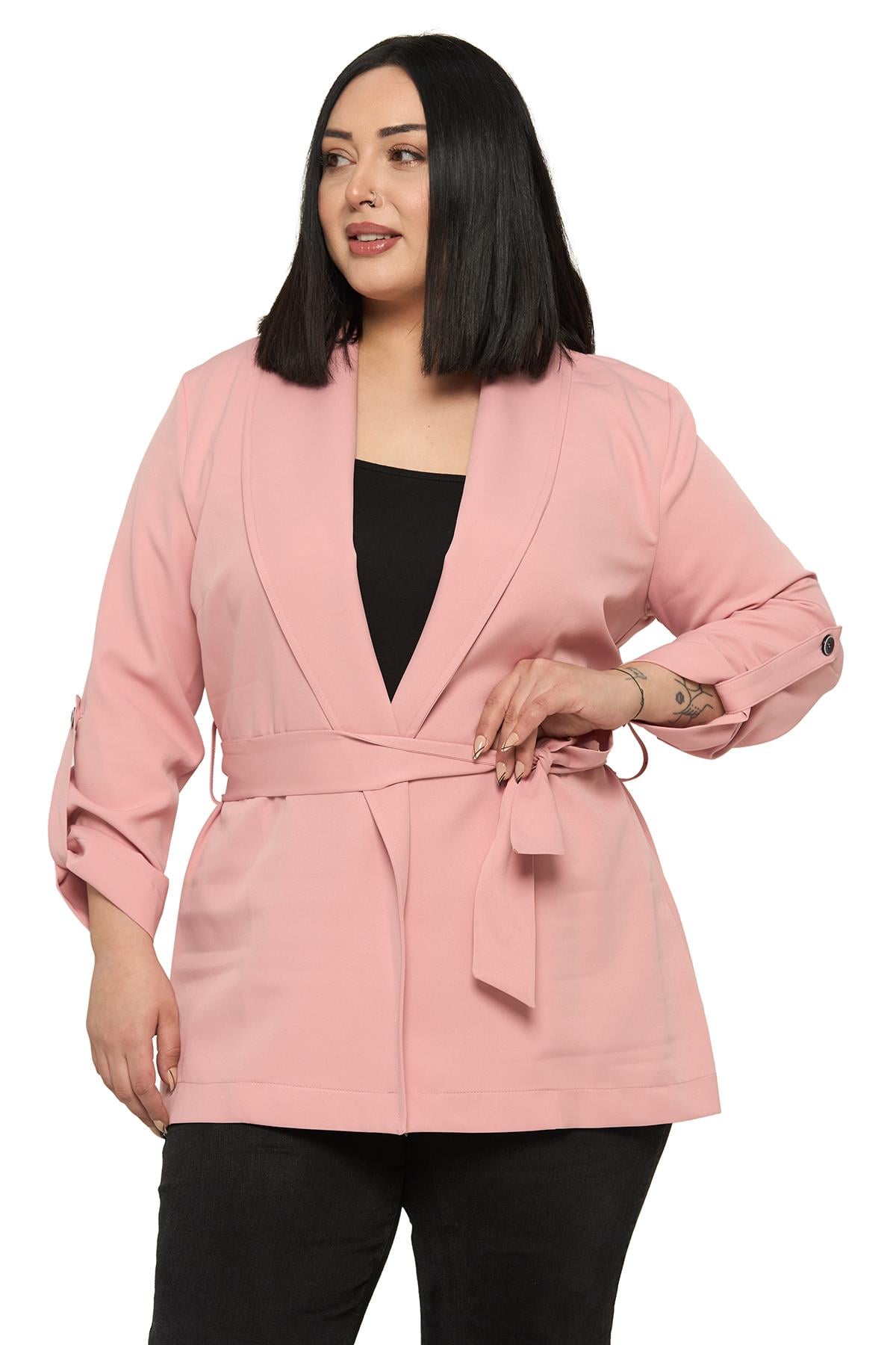 Plus Size Shawl Collar Self Belted Folded Sleeve Light Pink Jacket