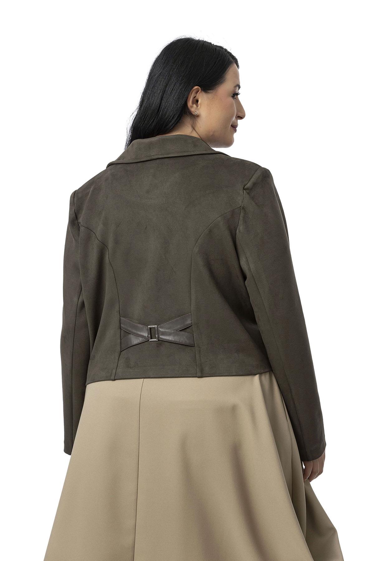 Plus Size Half Belted Short Suede Khaki Jacket with Leather Cross Band Detail on the Back