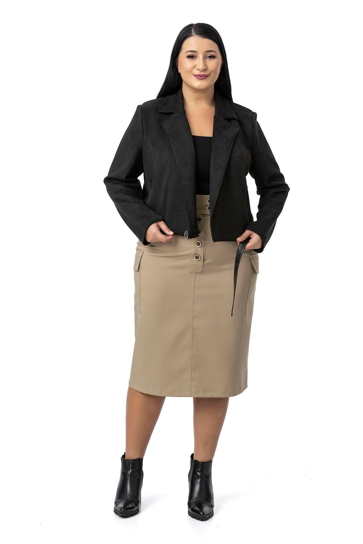 Plus Size Half Belted Short Suede Black Jacket with Leather Cross Band Detail on the Back