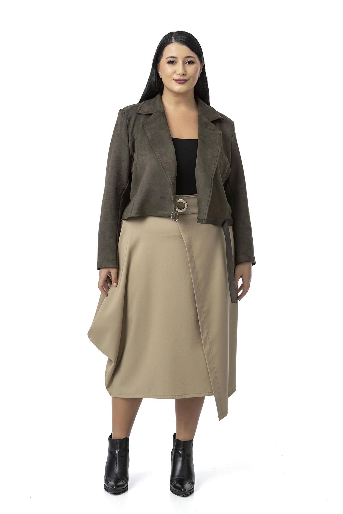 Plus Size Half Belted Short Suede Khaki Jacket with Leather Cross Band Detail on the Back