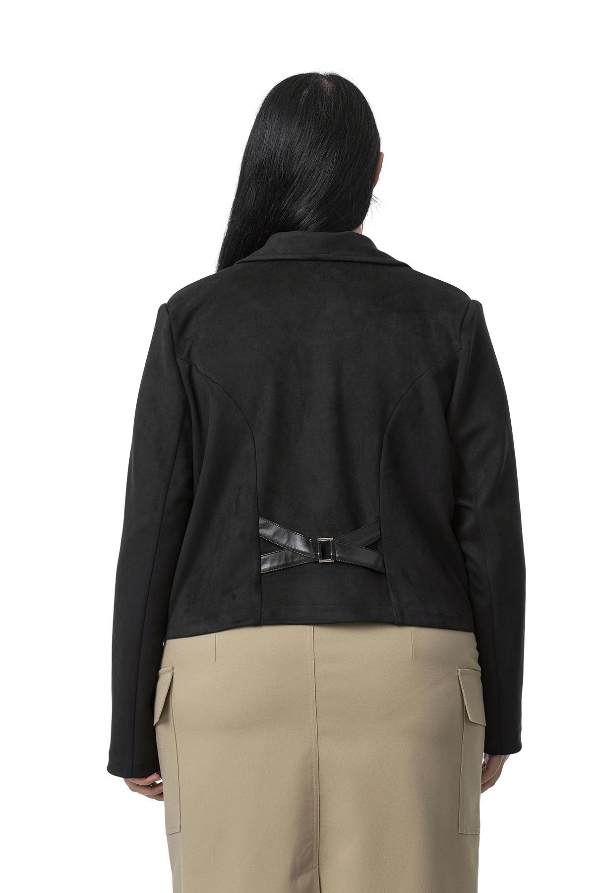 Plus Size Half Belted Short Suede Black Jacket with Leather Cross Band Detail on the Back