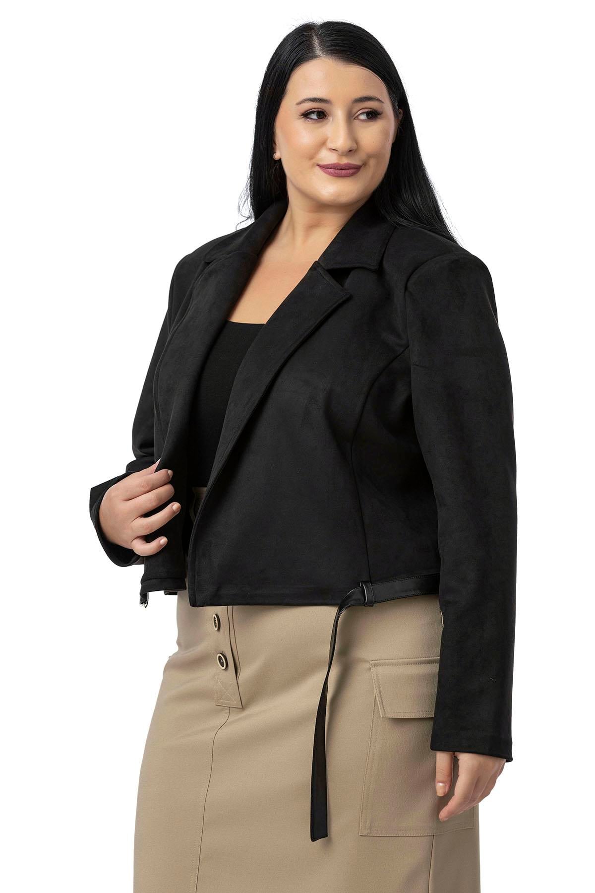 Plus Size Half Belted Short Suede Black Jacket with Leather Cross Band Detail on the Back
