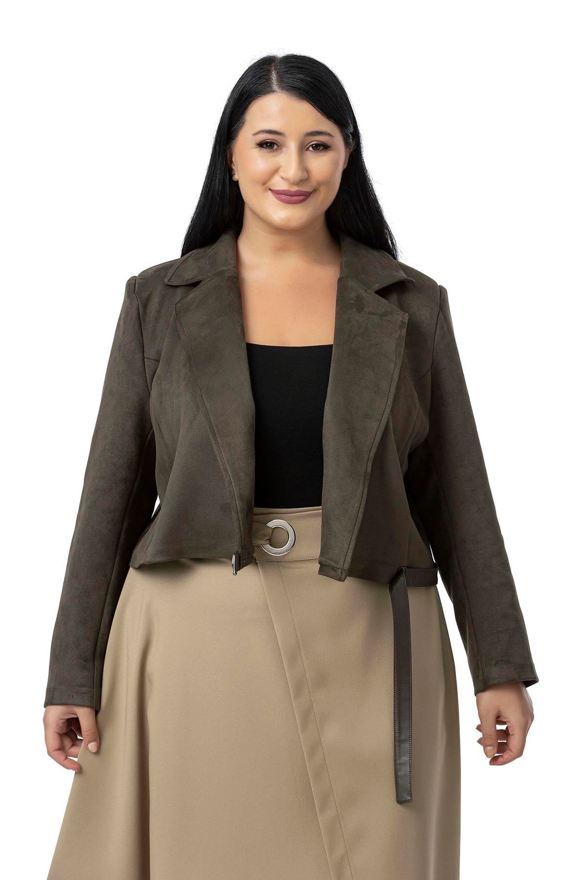 Plus Size Half Belted Short Suede Khaki Jacket with Leather Cross Band Detail on the Back