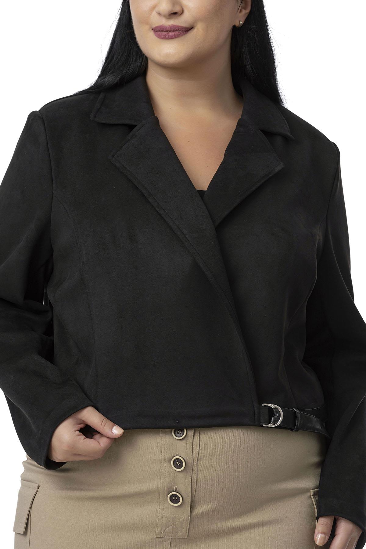 Plus Size Half Belted Short Suede Black Jacket with Leather Cross Band Detail on the Back