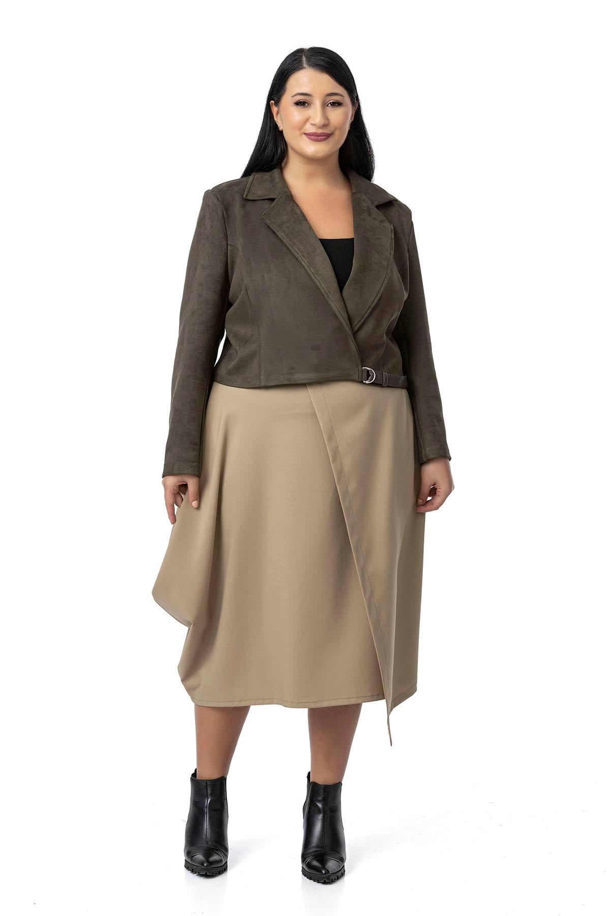 Plus Size Half Belted Short Suede Khaki Jacket with Leather Cross Band Detail on the Back