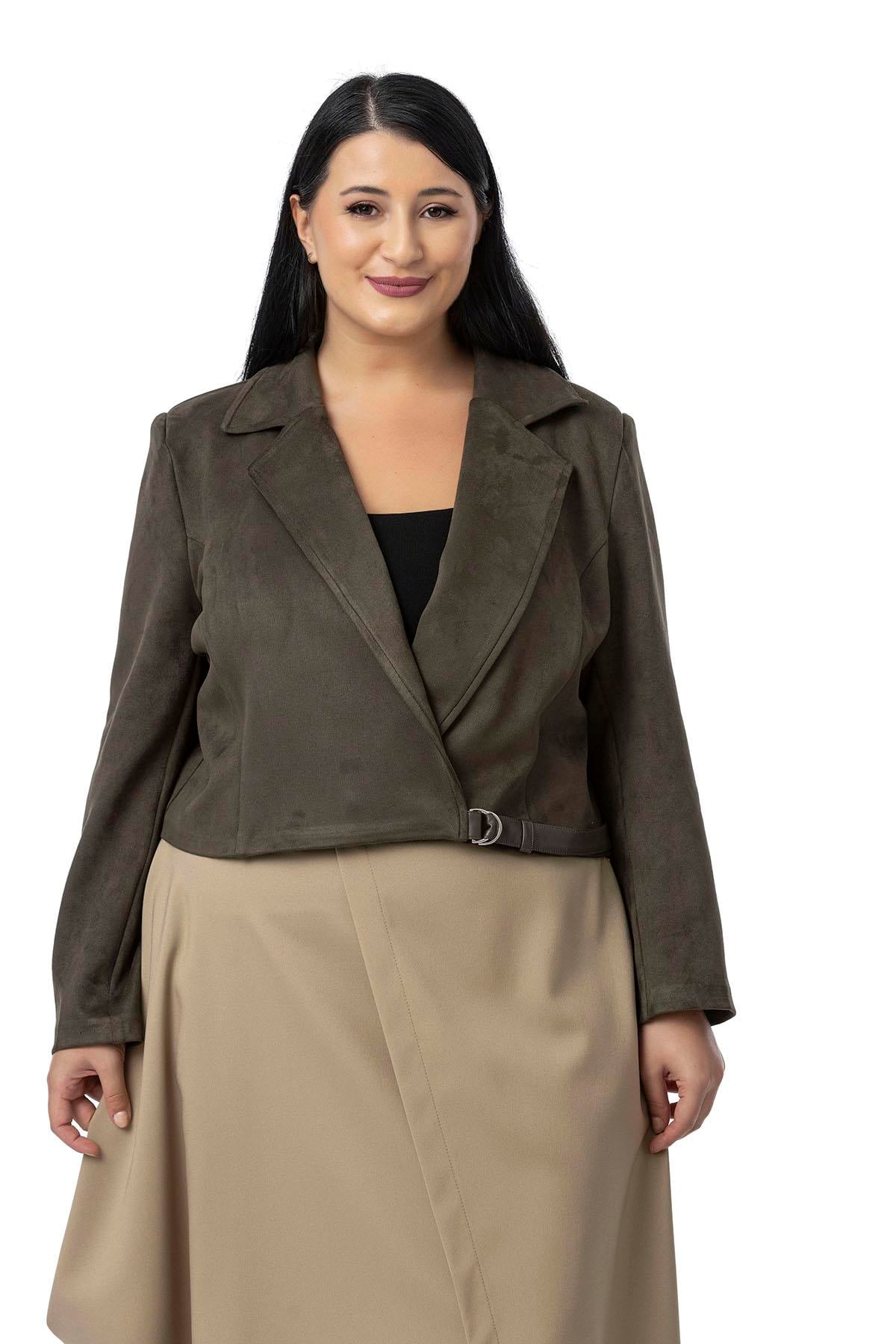 Plus Size Half Belted Short Suede Khaki Jacket with Leather Cross Band Detail on the Back