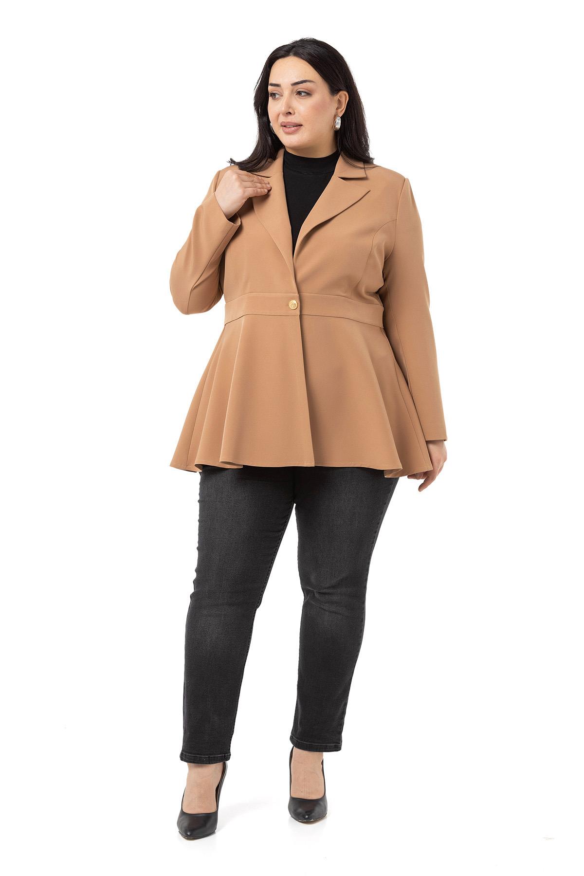 Plus Size Single Buttoned Waist Tape Detailed Flared Unlined Mink Jacket