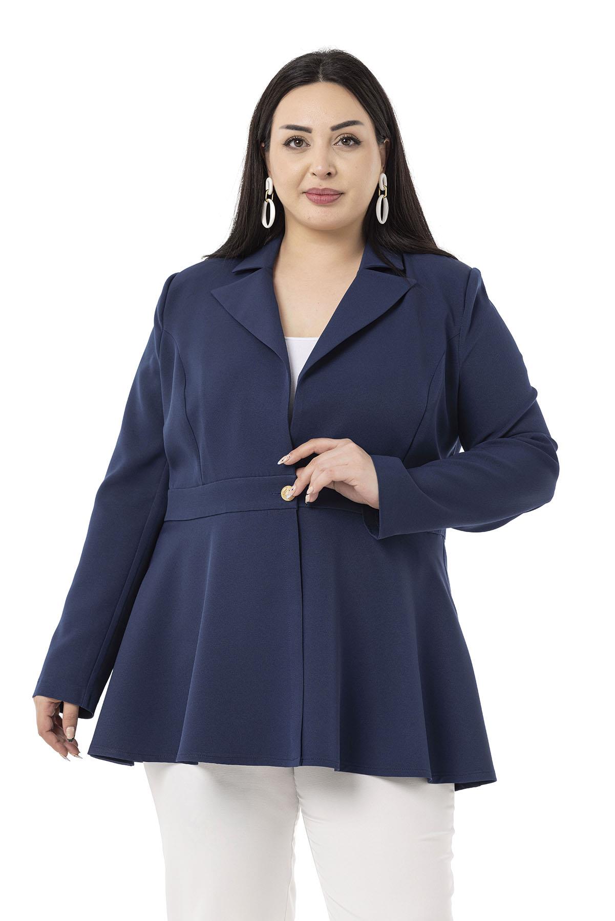 Plus Size Single Button Waist Tape Detailed Flared Unlined Navy Blue Dust Jacket