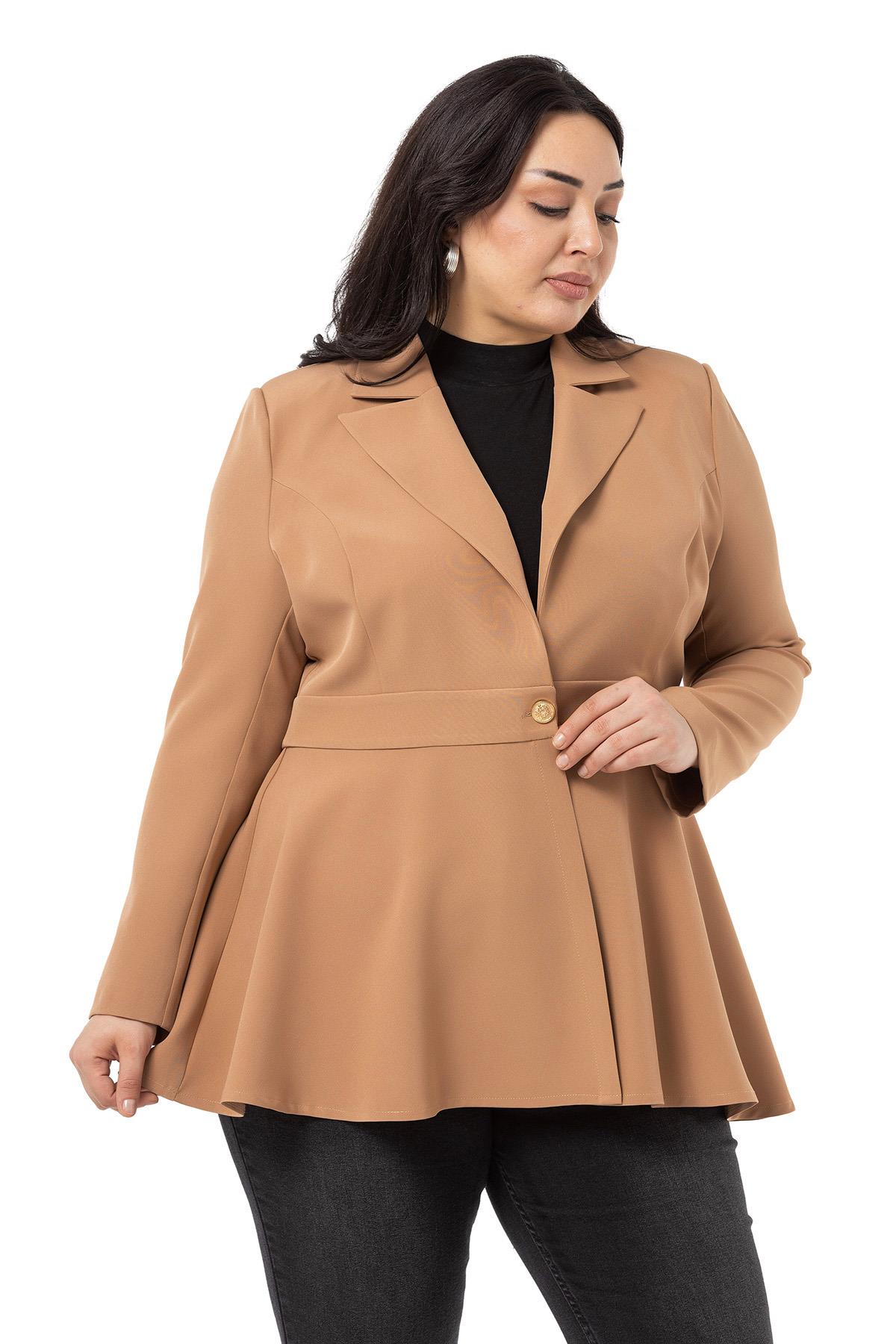 Plus Size Single Buttoned Waist Tape Detailed Flared Unlined Mink Jacket