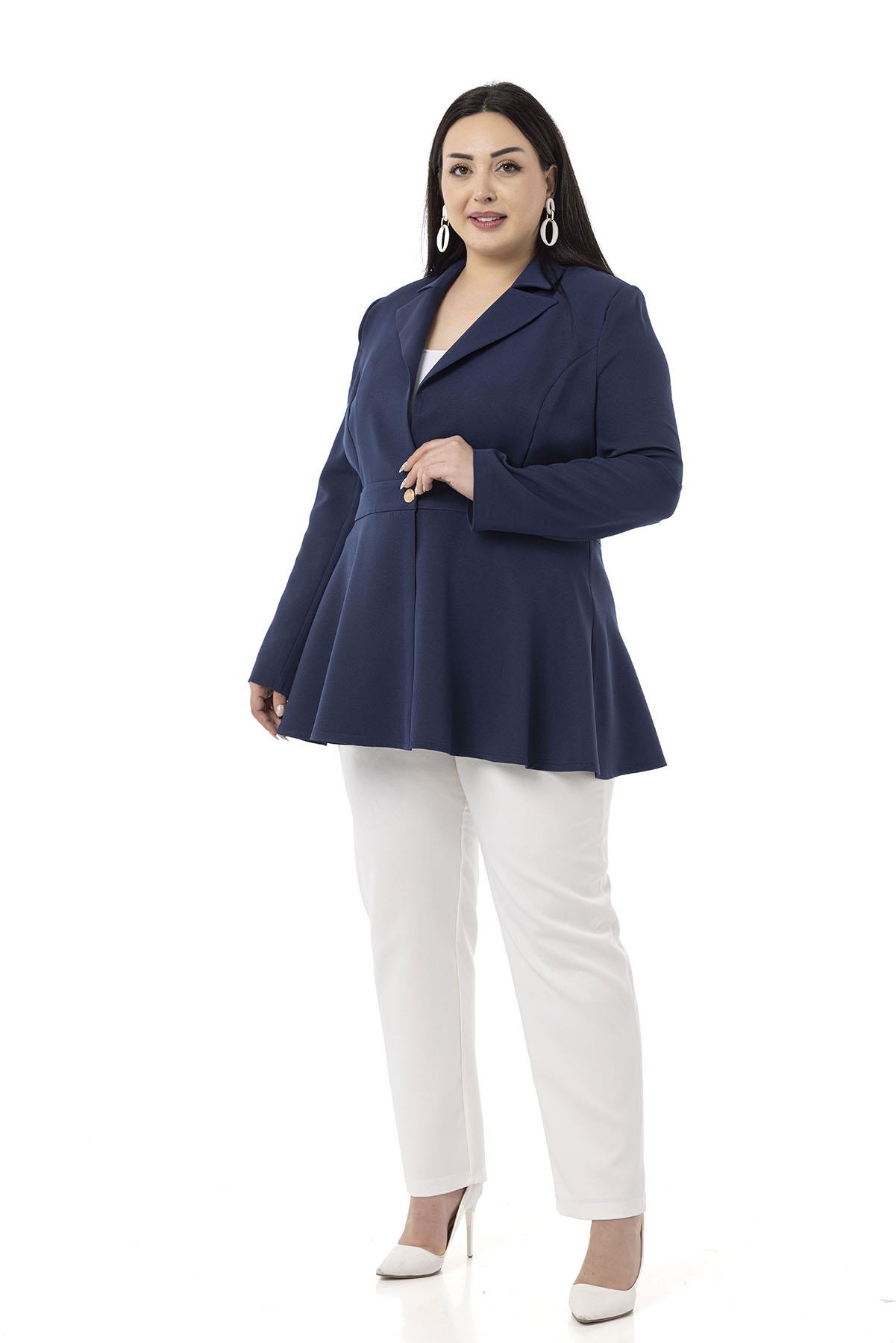 Plus Size Single Button Waist Tape Detailed Flared Unlined Navy Blue Dust Jacket