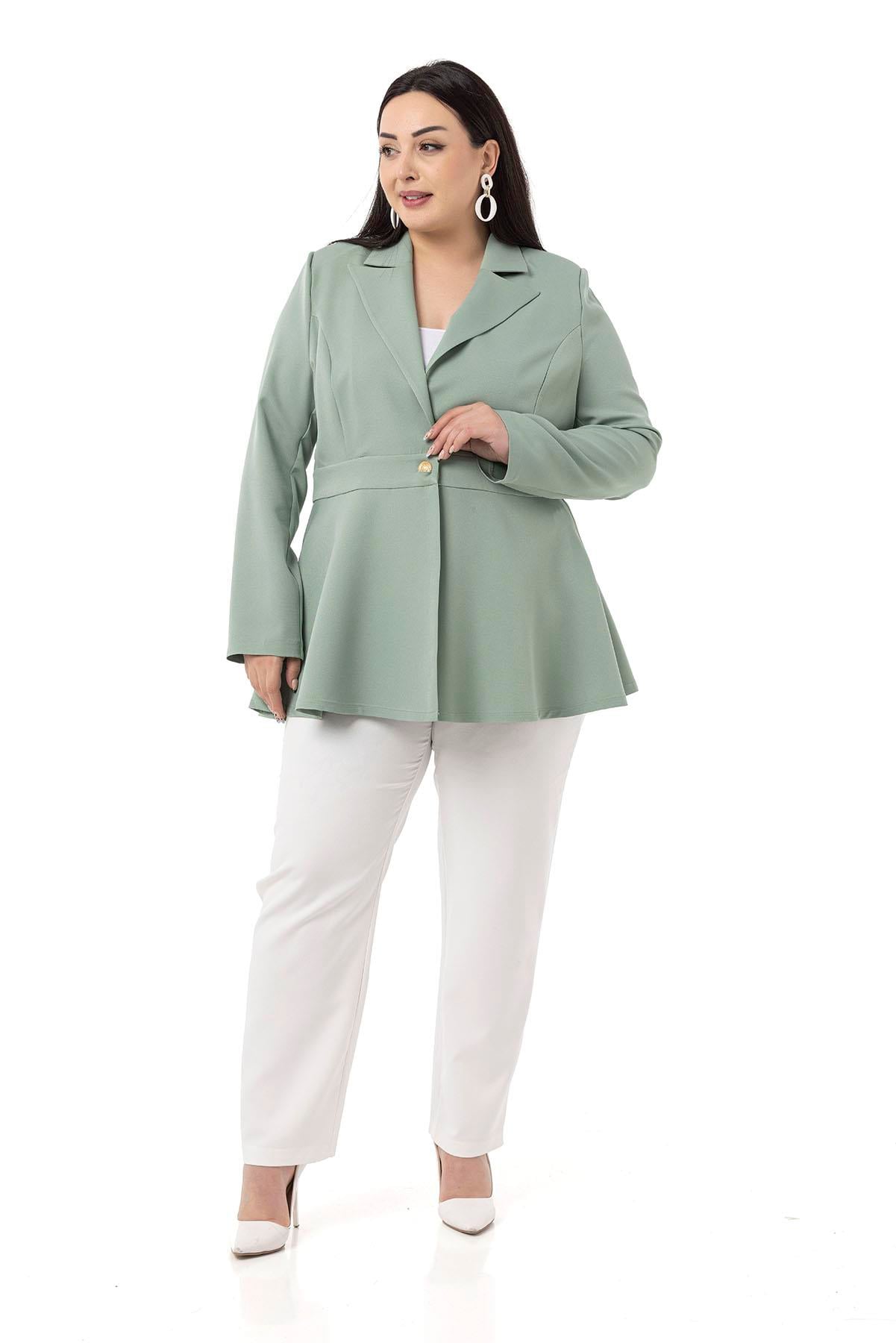 Plus Size Single Buttoned Waist Tape Detailed Flared Unlined Mint Jacket