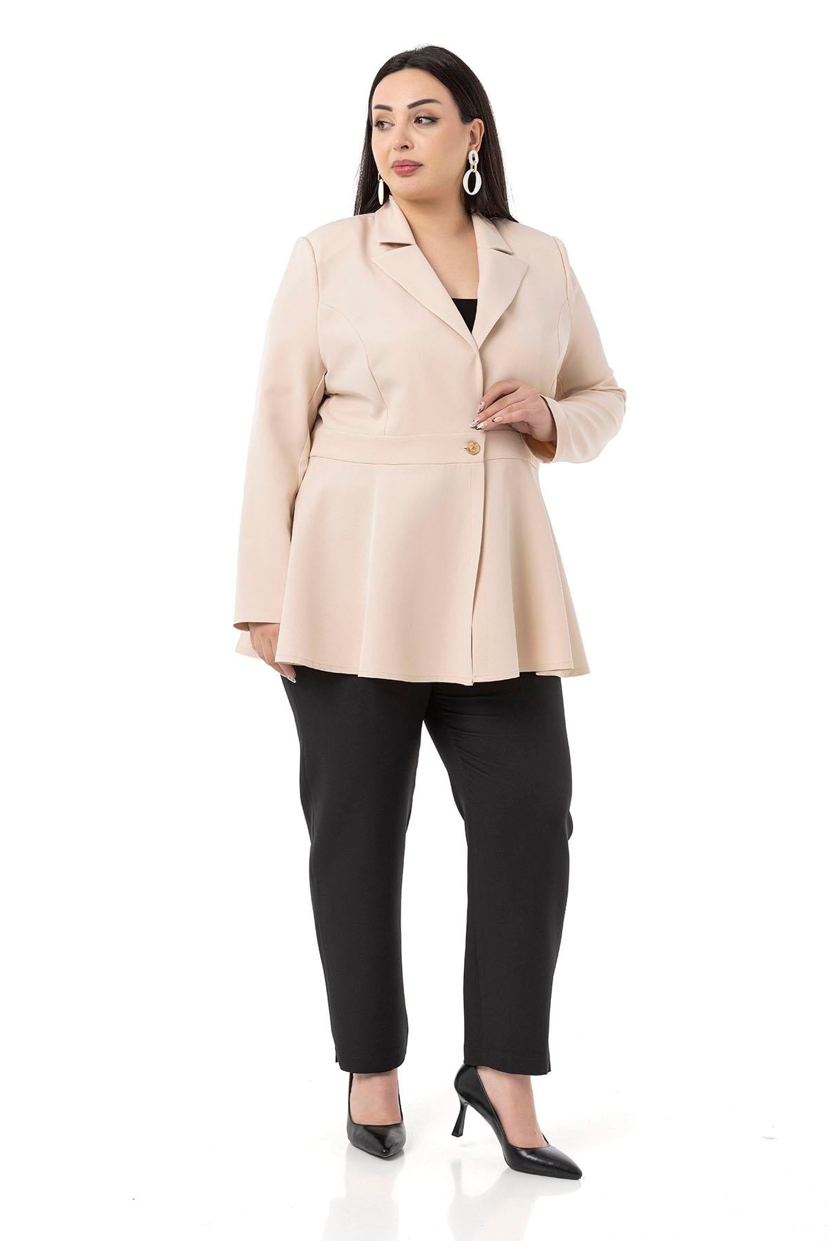 Plus Size Single Buttoned Waist Tape Detailed Flared Unlined Offwhite Jacket