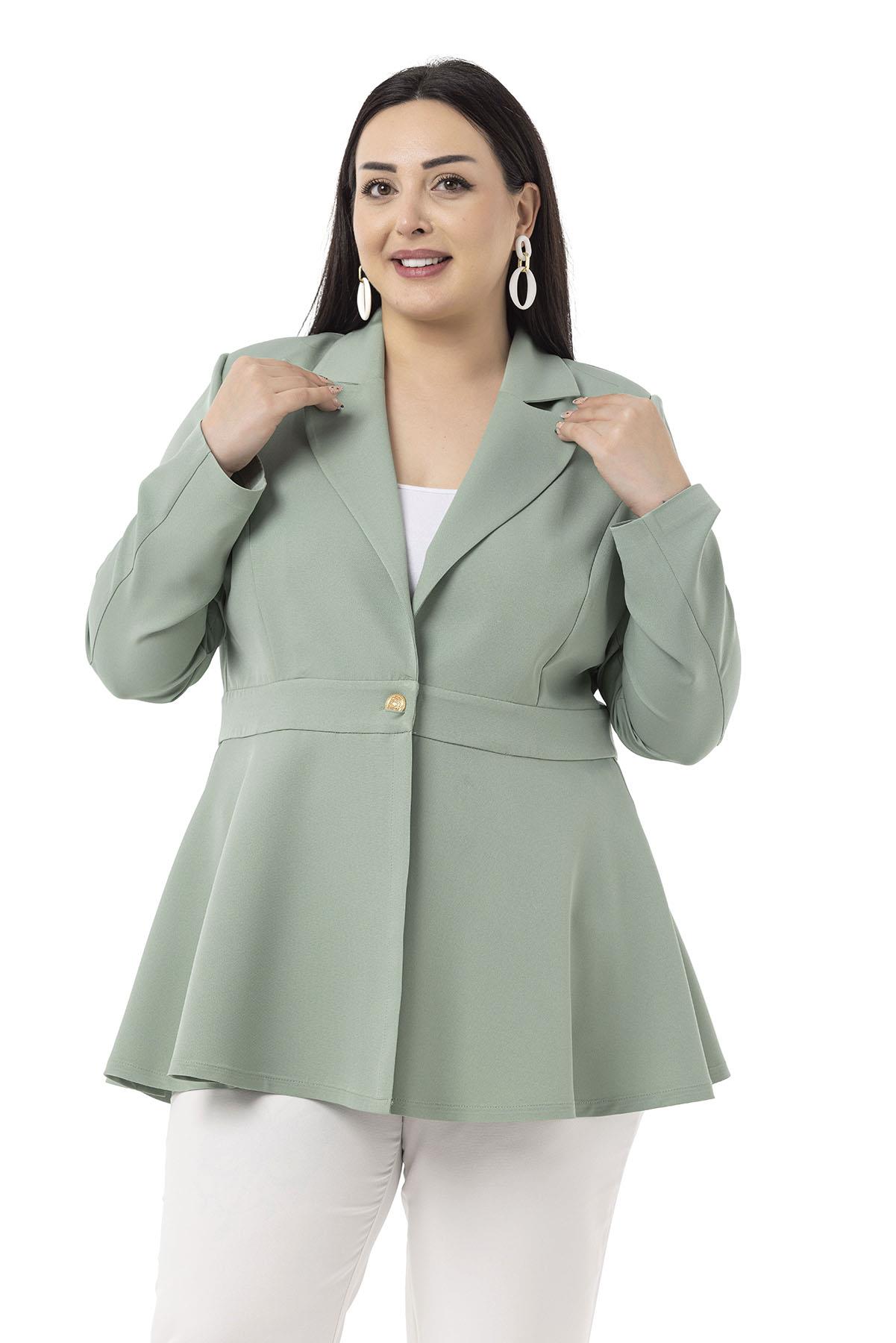 Plus Size Single Buttoned Waist Tape Detailed Flared Unlined Mint Jacket