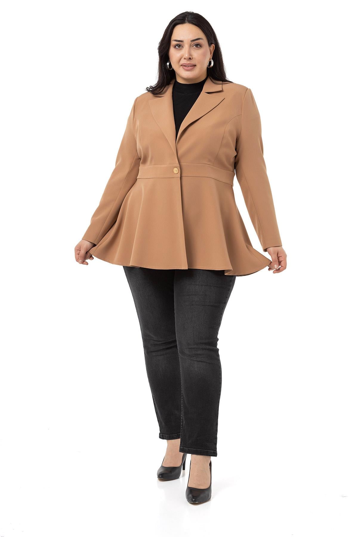 Plus Size Single Buttoned Waist Tape Detailed Flared Unlined Mink Jacket