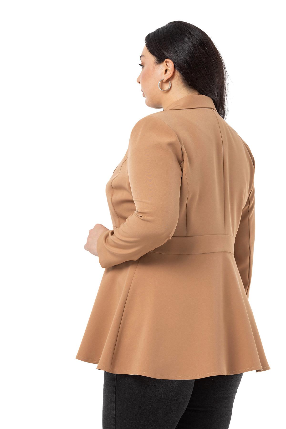 Plus Size Single Buttoned Waist Tape Detailed Flared Unlined Mink Jacket