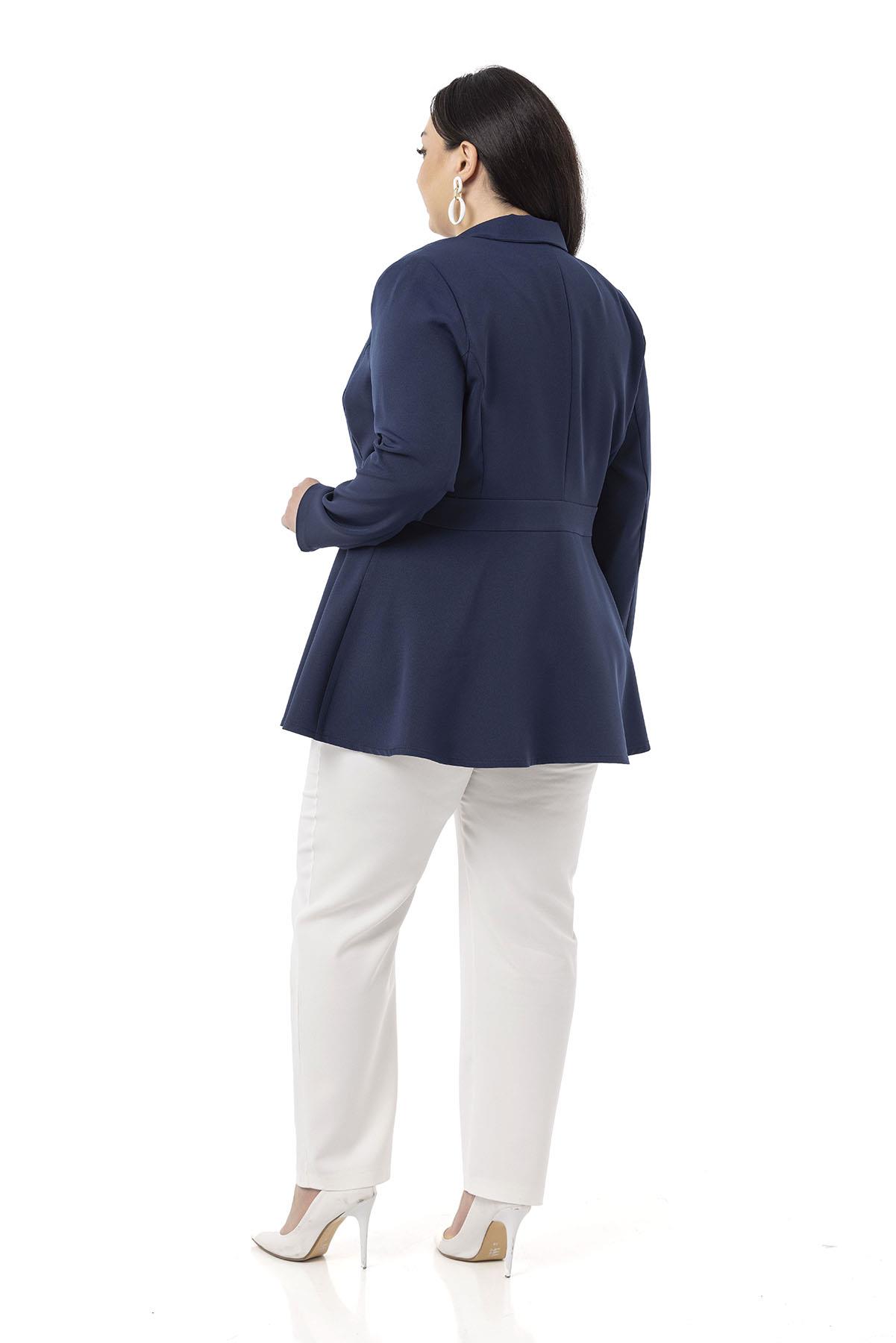 Plus Size Single Button Waist Tape Detailed Flared Unlined Navy Blue Dust Jacket