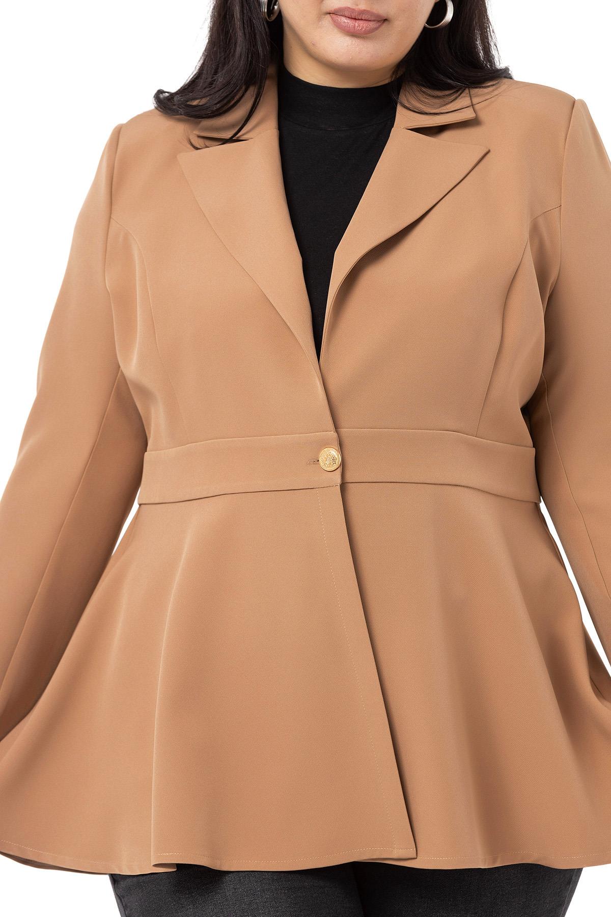 Plus Size Single Buttoned Waist Tape Detailed Flared Unlined Mink Jacket