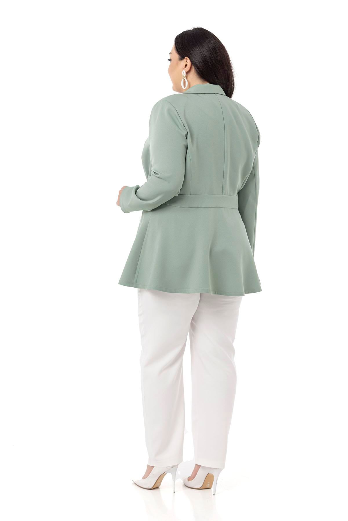 Plus Size Single Buttoned Waist Tape Detailed Flared Unlined Mint Jacket