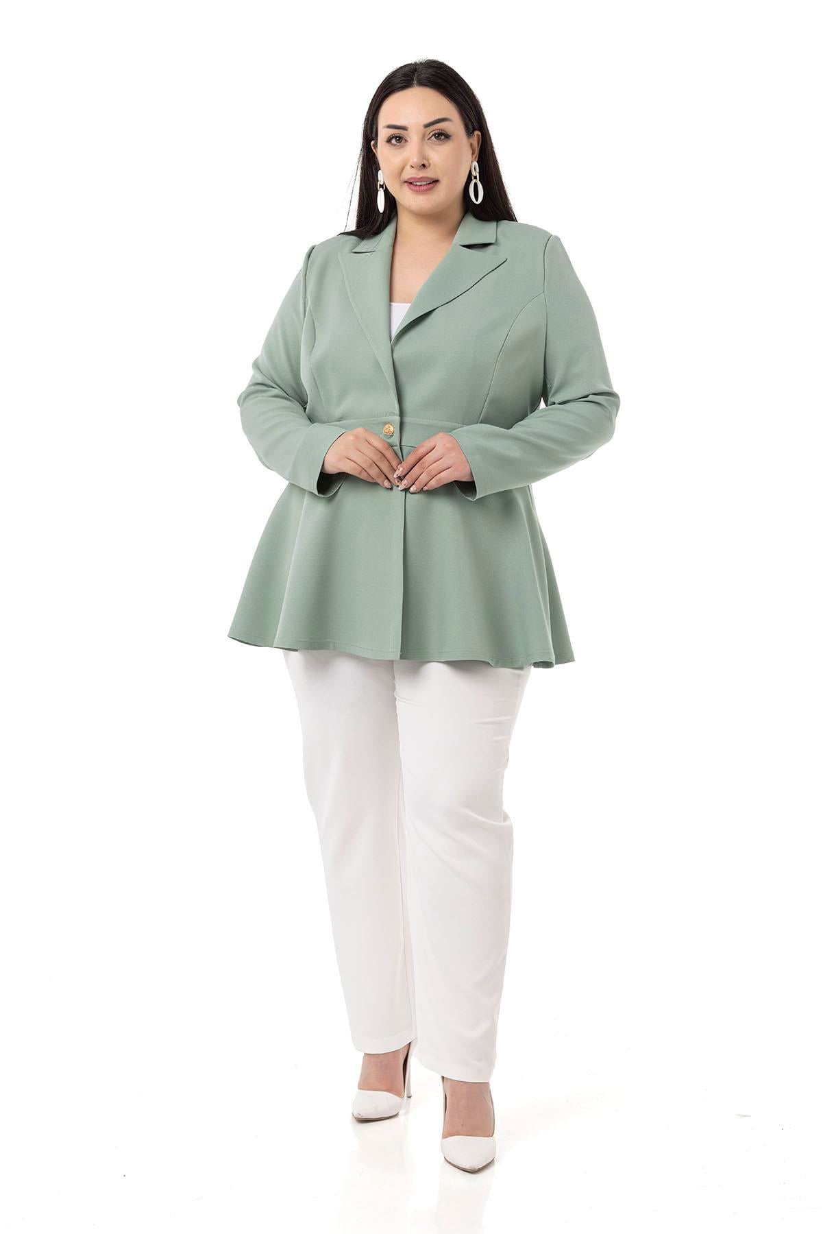 Plus Size Single Buttoned Waist Tape Detailed Flared Unlined Mint Jacket