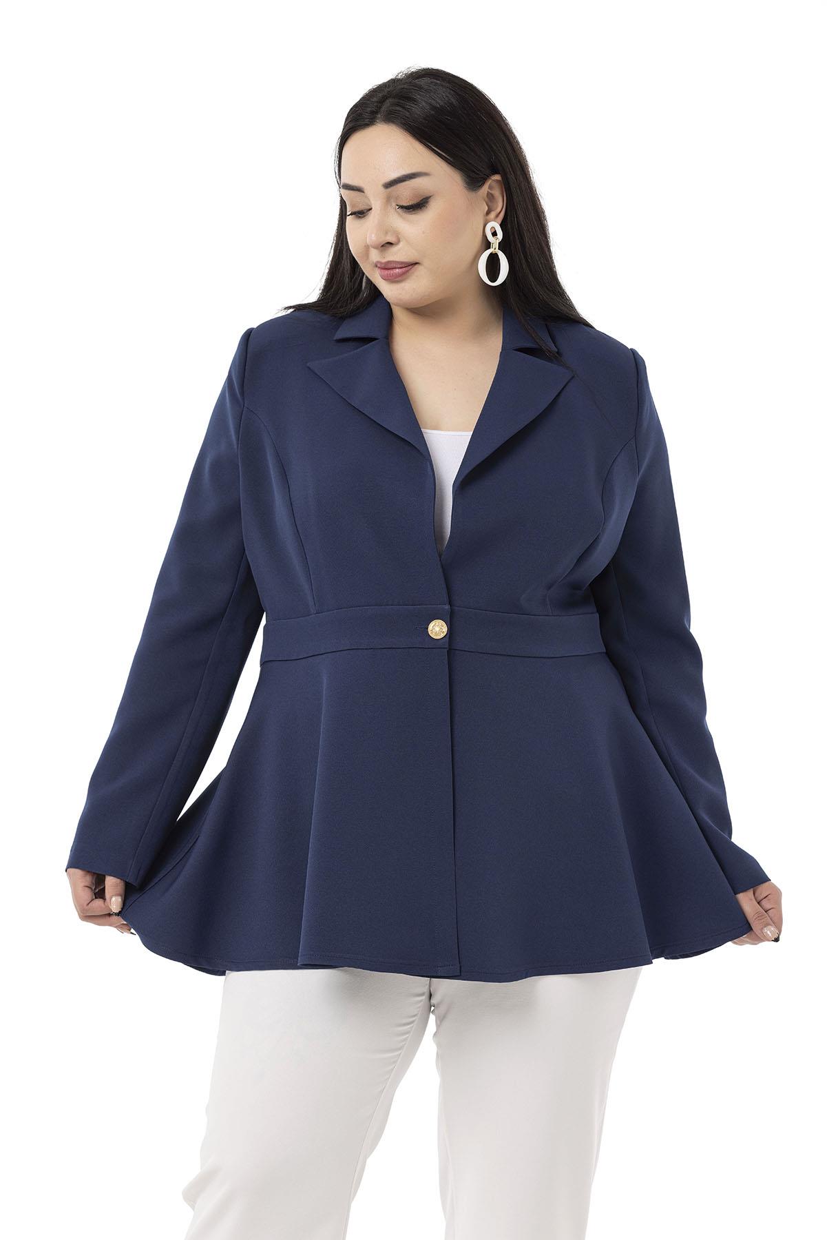 Plus Size Single Button Waist Tape Detailed Flared Unlined Navy Blue Dust Jacket