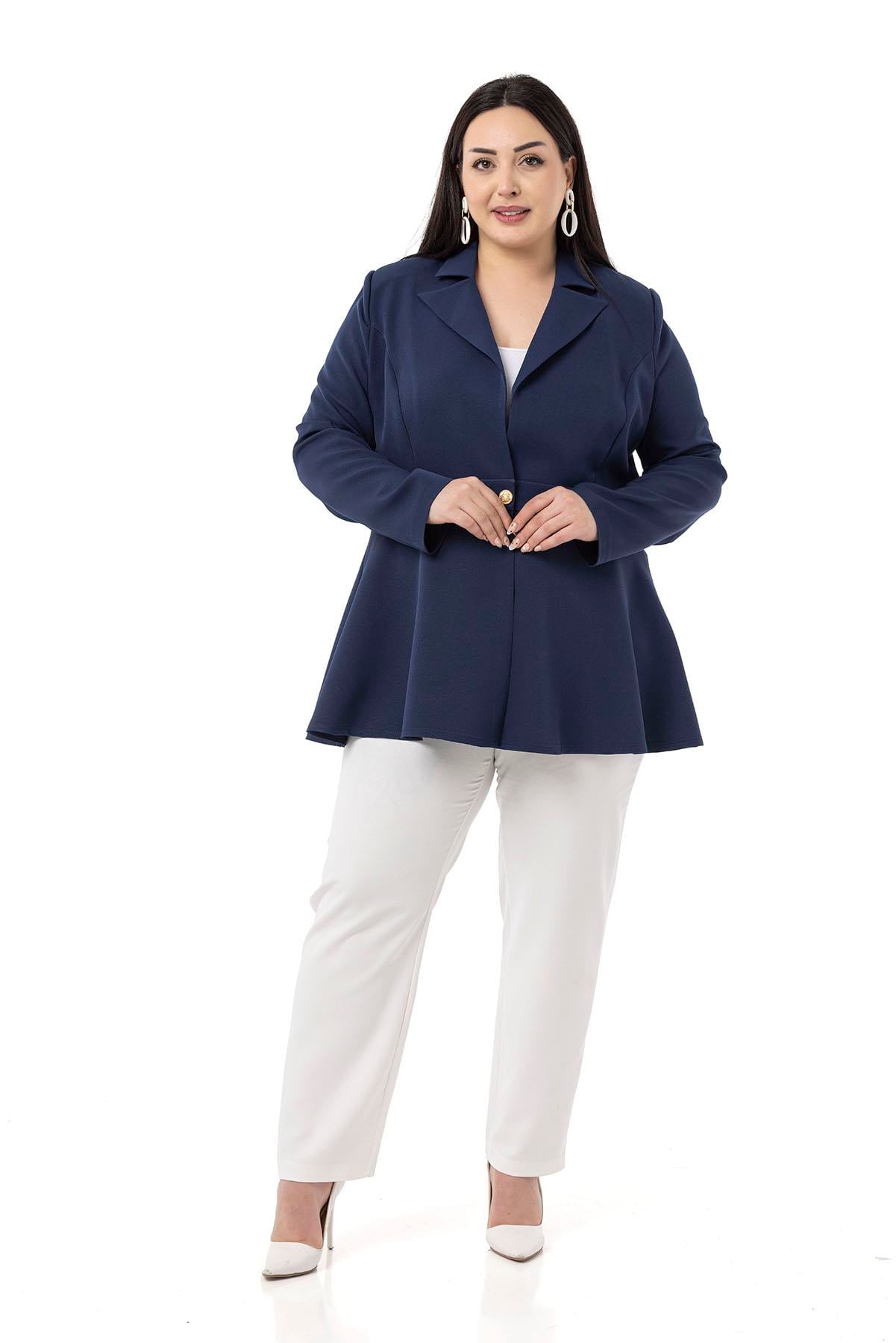 Plus Size Single Button Waist Tape Detailed Flared Unlined Navy Blue Dust Jacket